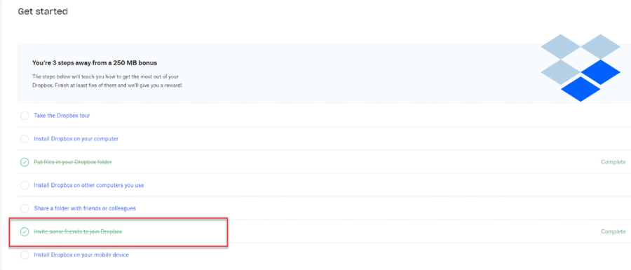 referral step in dropbox onboarding