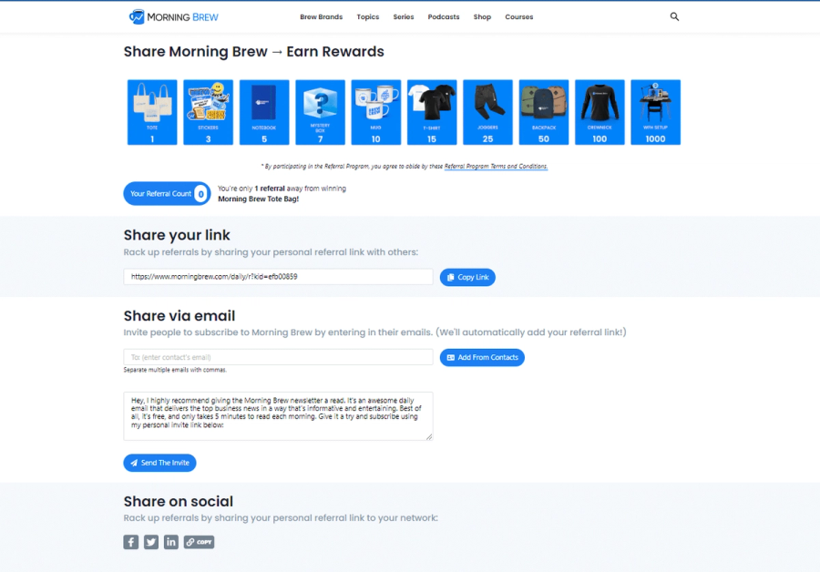 morning brew referral program hub