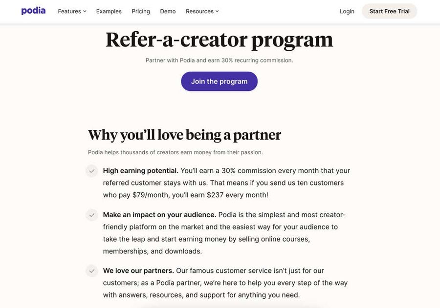 Podia partnership incentives
