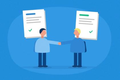 Illustration of two people shaking hands in front of two signed agreements
