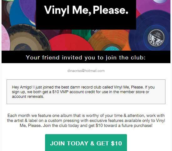 Vinyl me referral email template