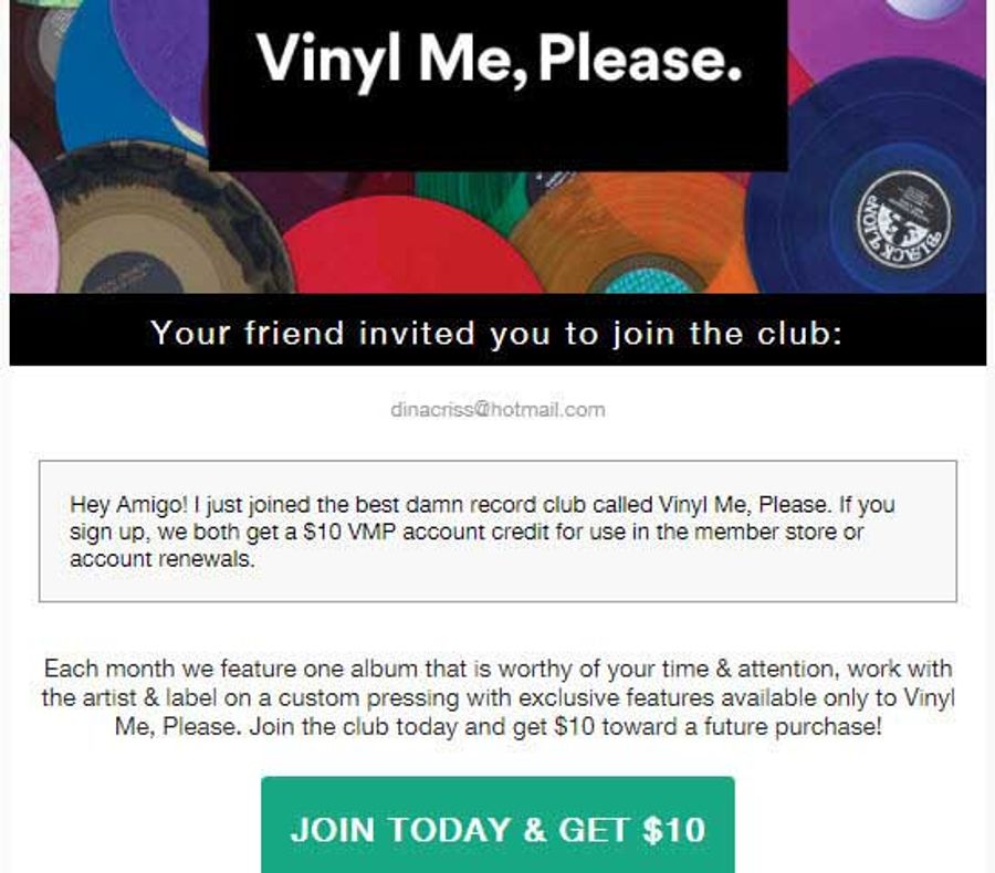 Vinyl me referral email template