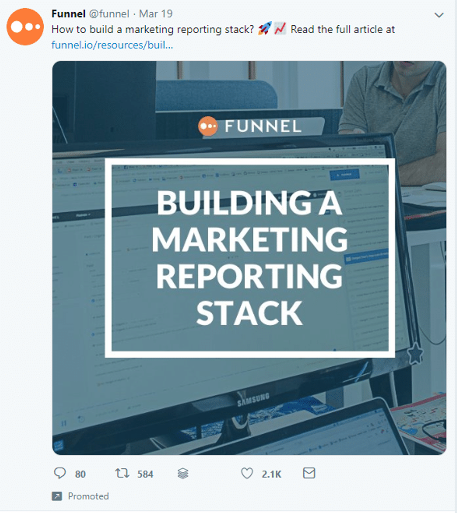 The brand 'Funnel' shares an article on Twitter that appears to have been a promoted post.