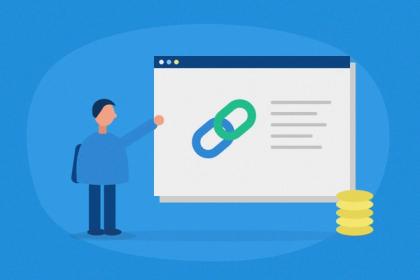 Illustration of a person pointing at a web page with a link icon, beside a stack of coins