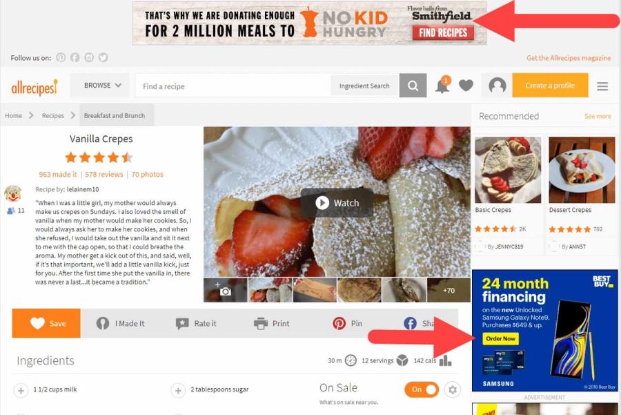 All recipes display ads