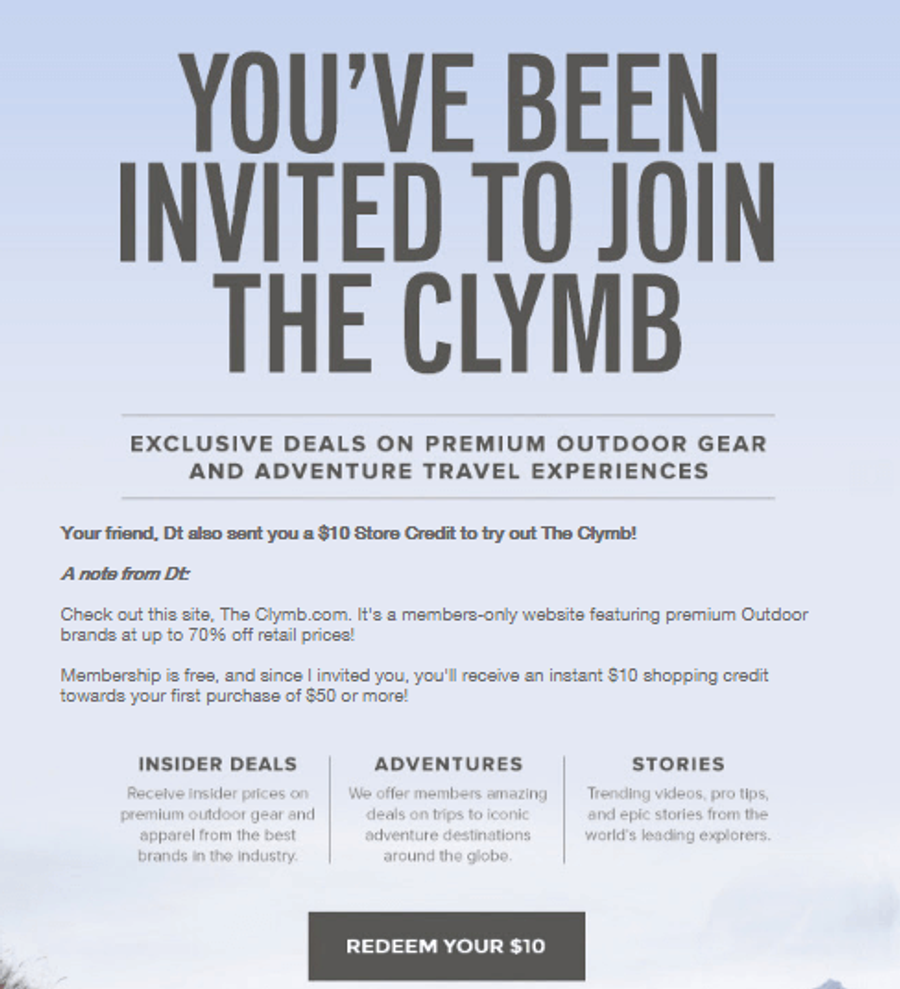 the clymb referral message