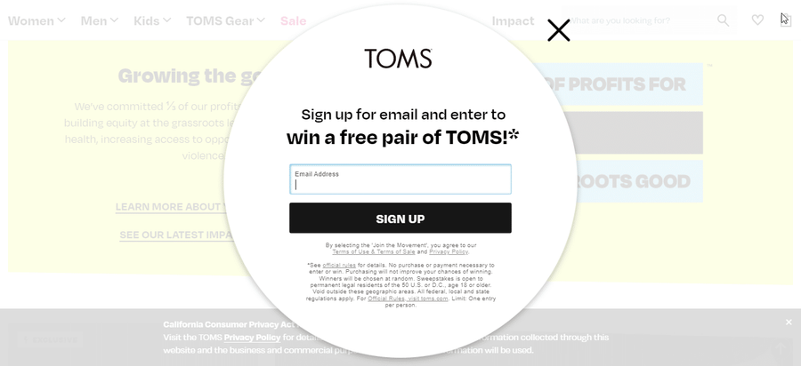 toms pop up cta