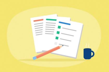 Illustration of a fan of document templates with a pencil and a coffee mug