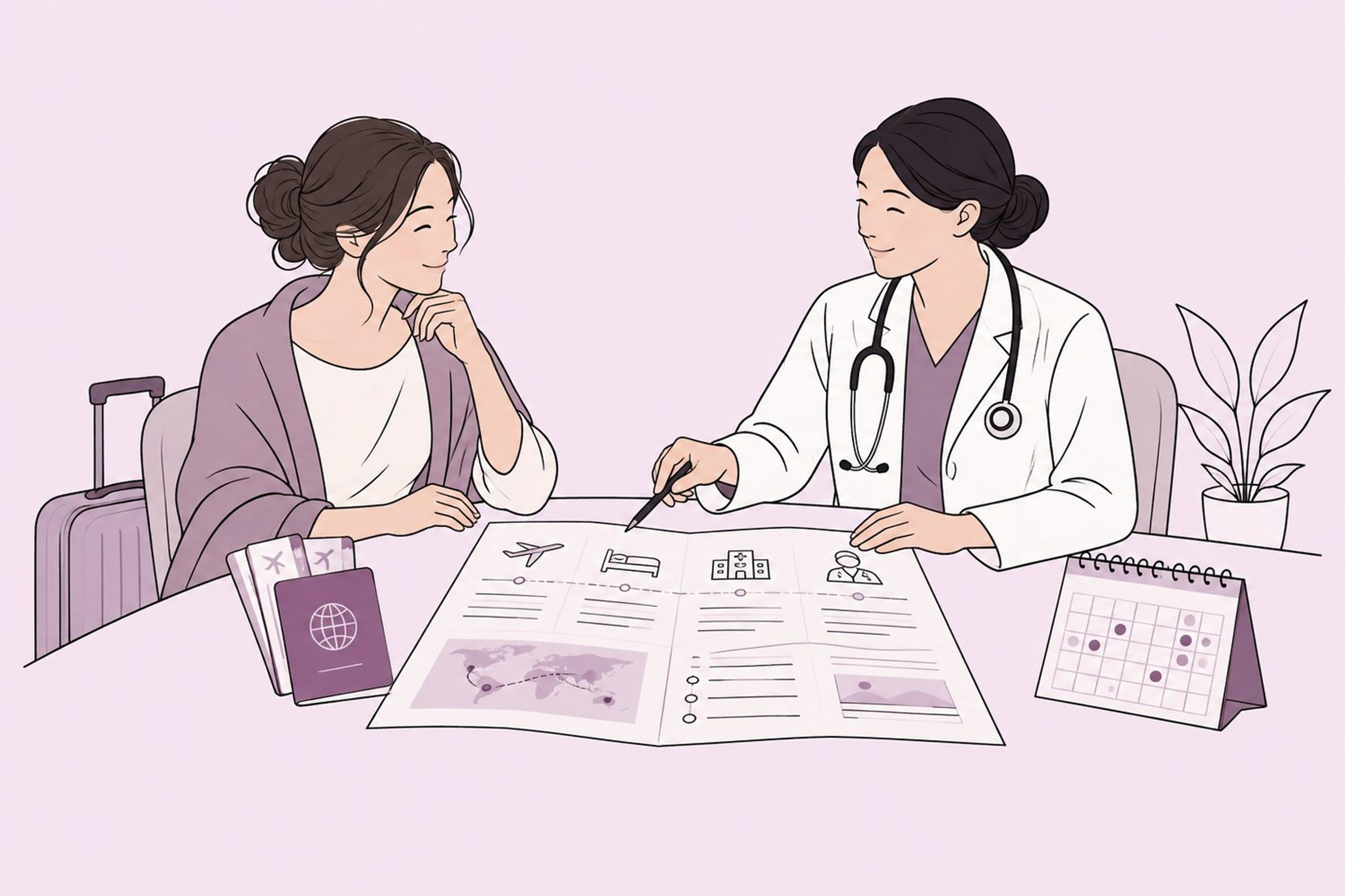 International patient and clinician reviewing a postoperative travel and follow-up plan
