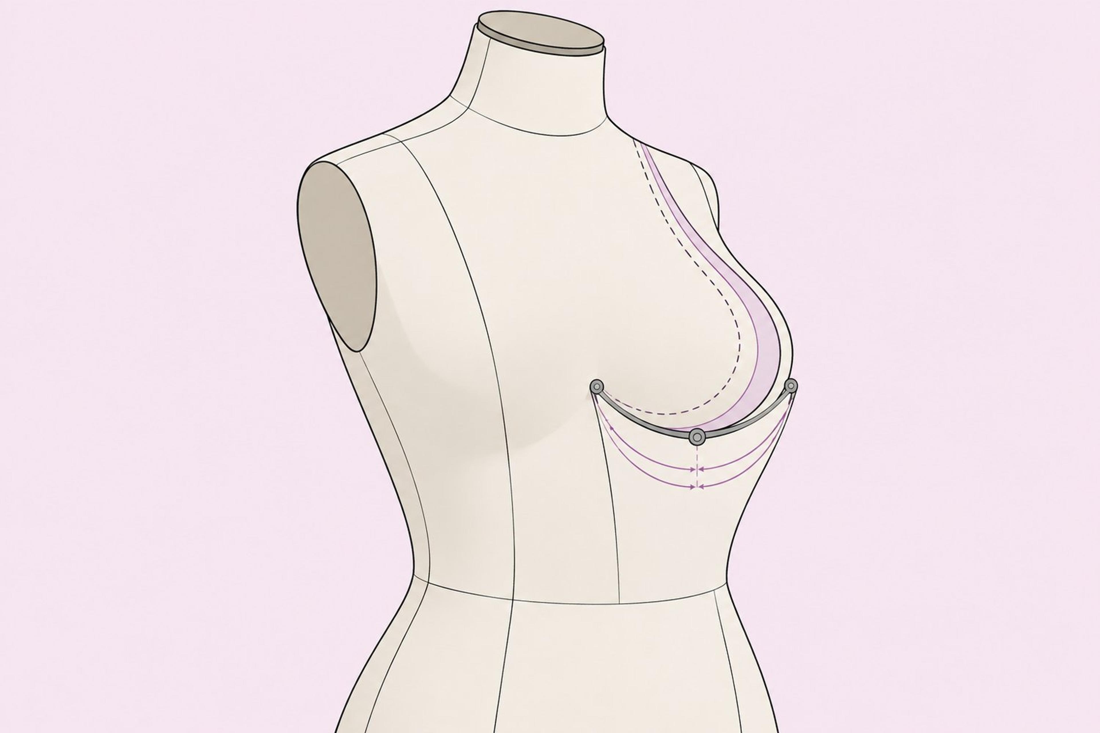 Clinical diagram showing breast width, skin stretch and soft-tissue measurements used to plan implant dimensions.