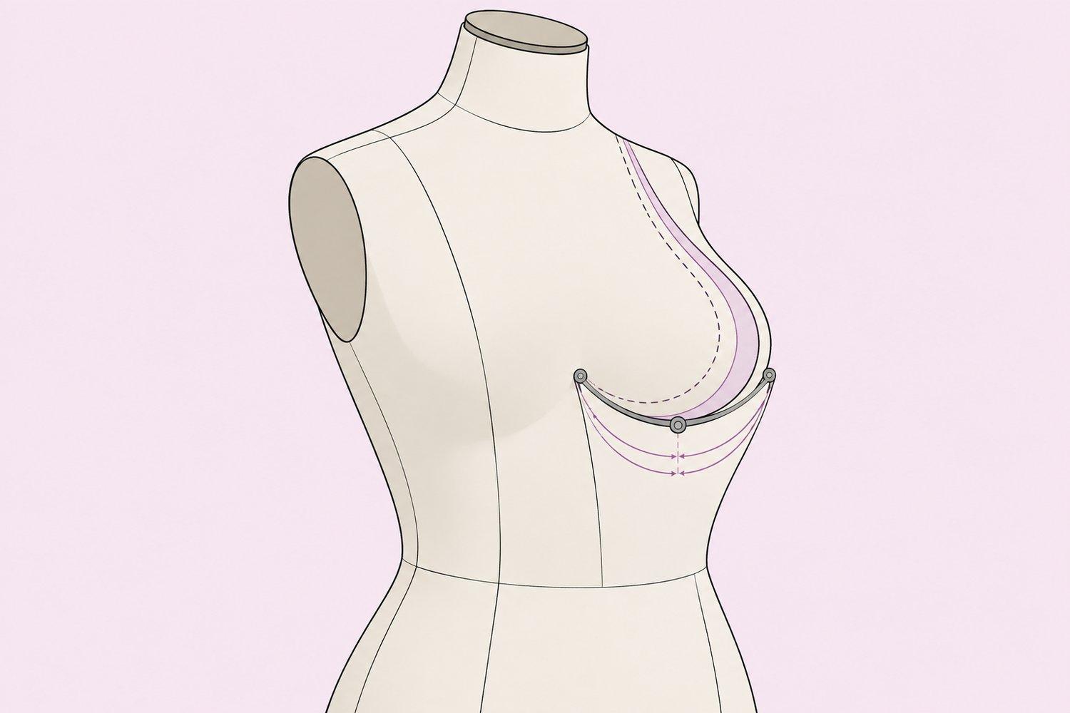 Clinical diagram showing breast width, skin stretch and soft-tissue measurements used to plan implant dimensions.