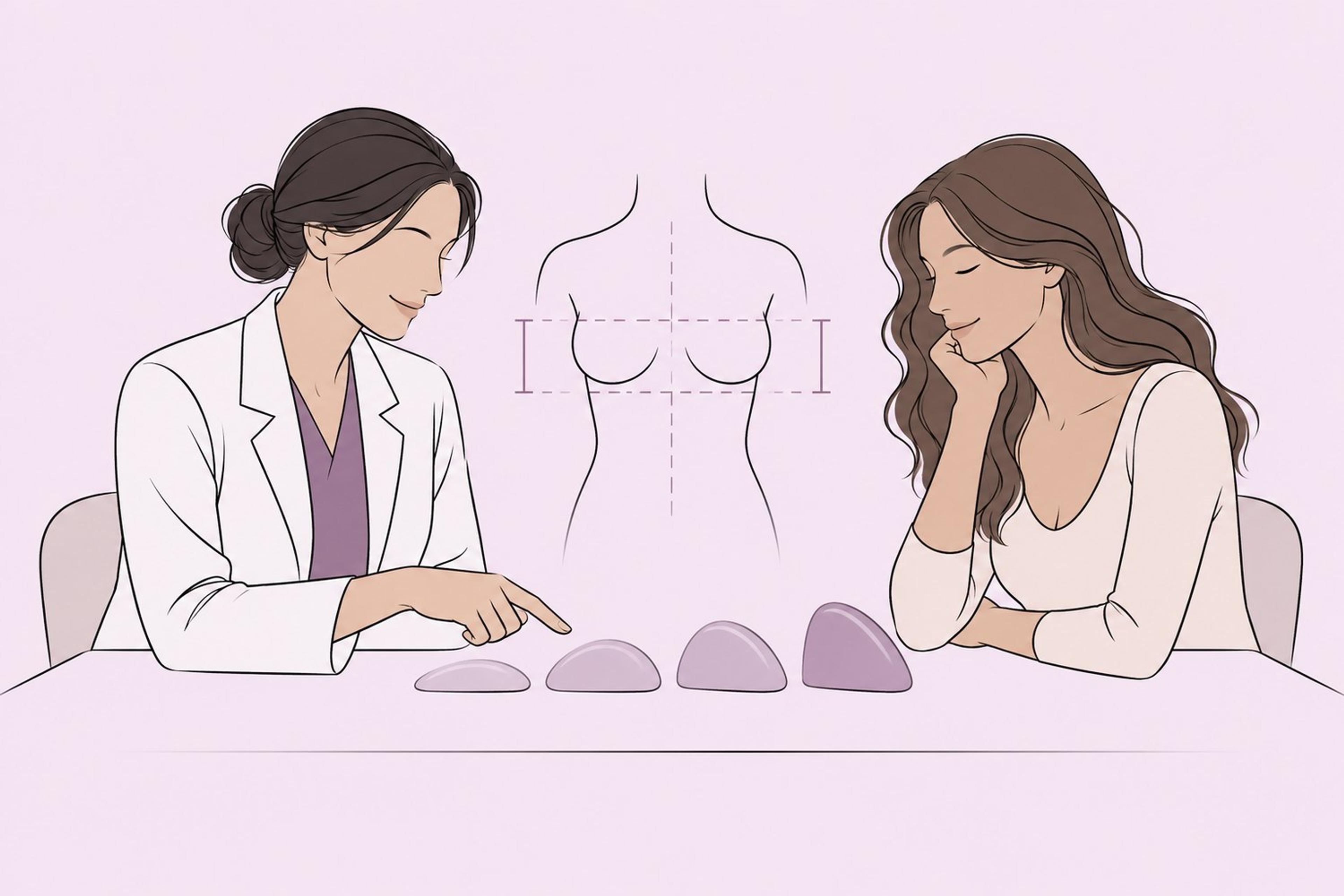 Surgeon and patient reviewing breast implant profiles alongside anatomical planning measurements.