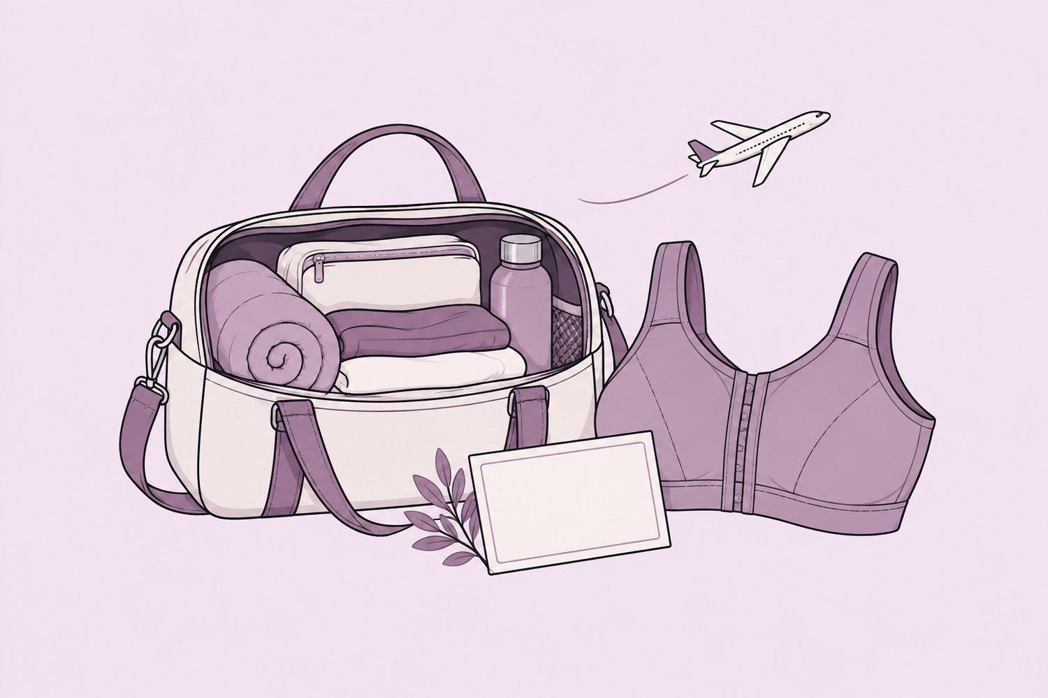 Illustration of breast augmentation aftercare items and travel planning for a flight home.