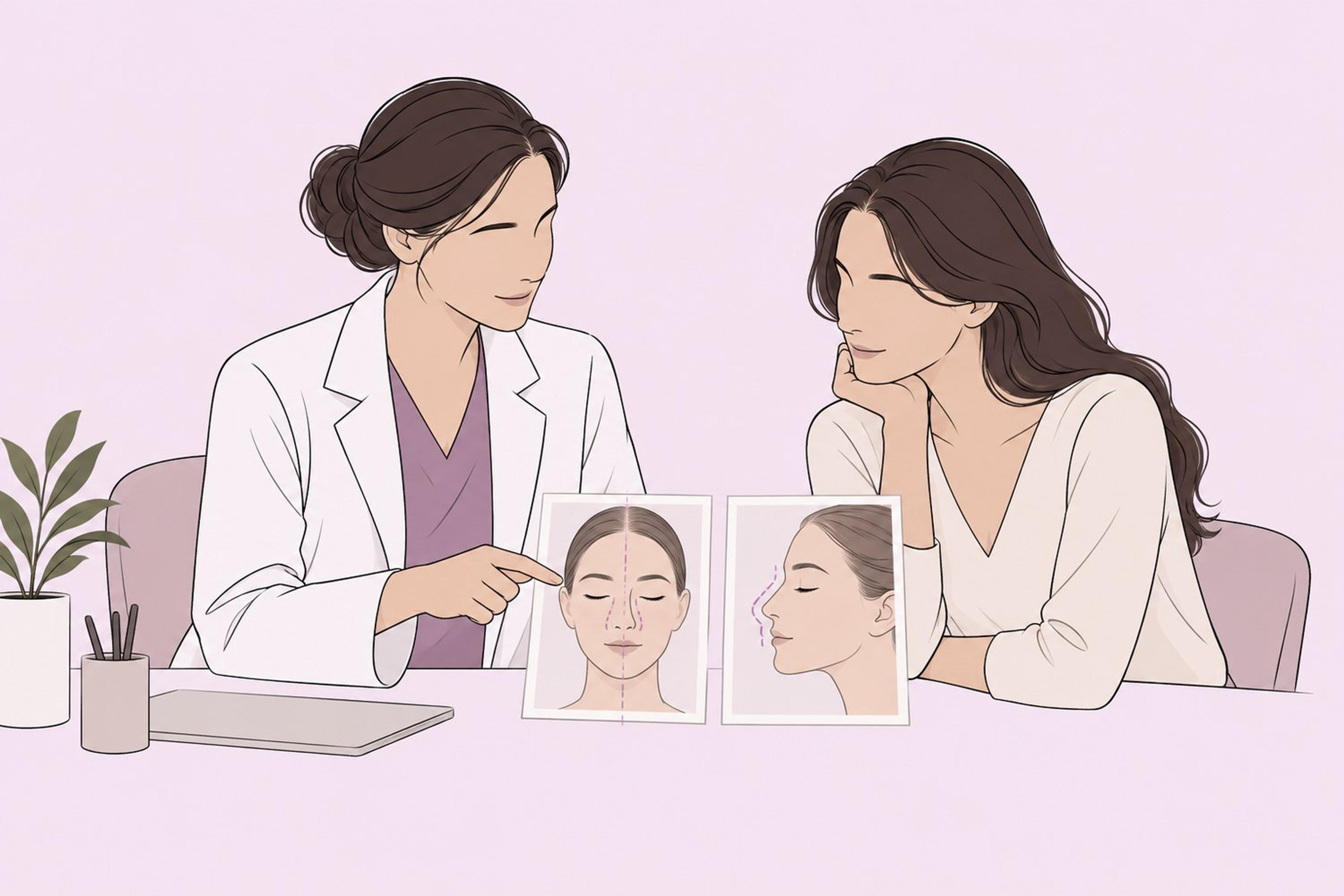 Patient and clinician reviewing facial profile photographs during a rhinoplasty consultation