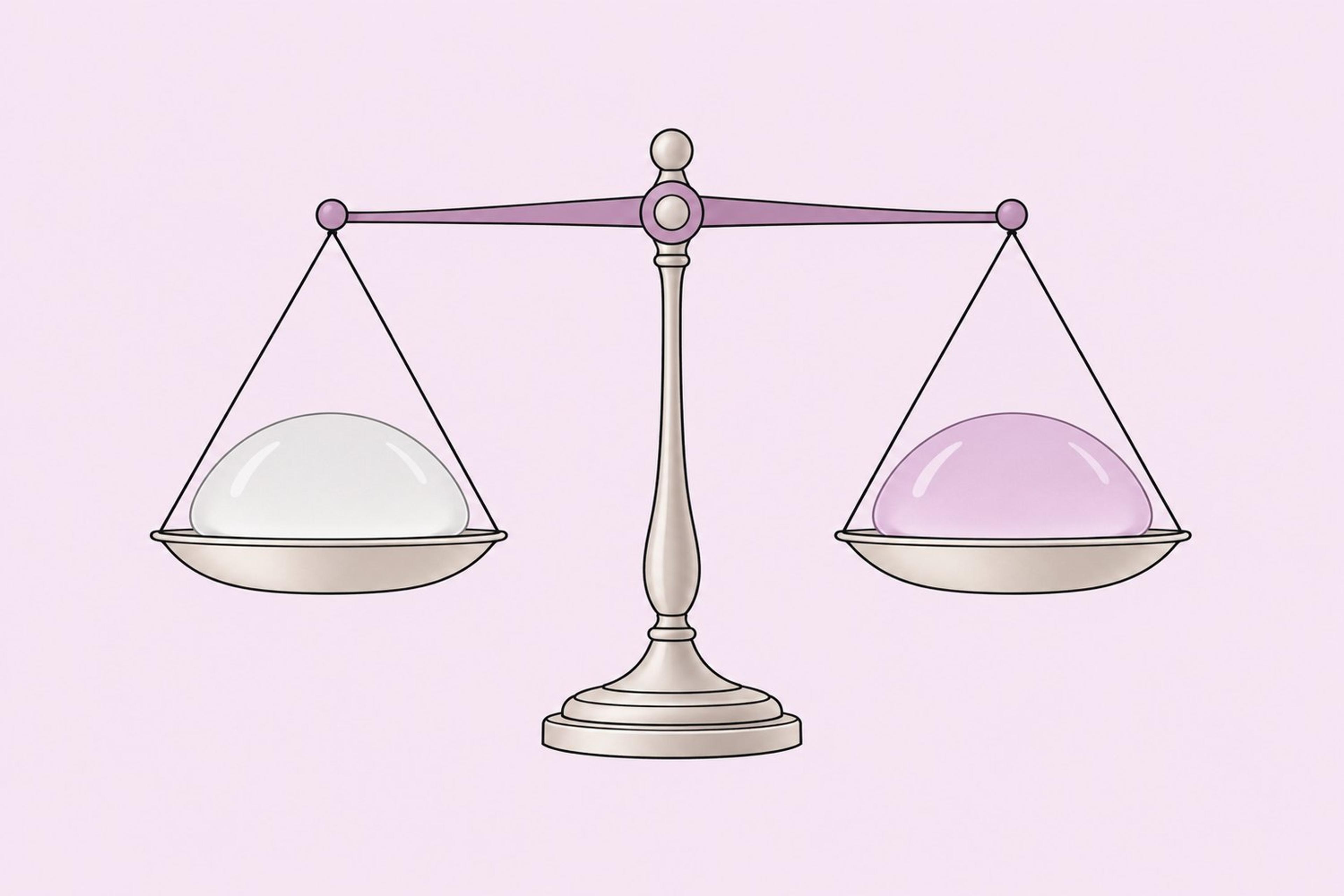 Illustration of equal-volume conventional and lightweight breast implants showing a lower mass for the lightweight implant.