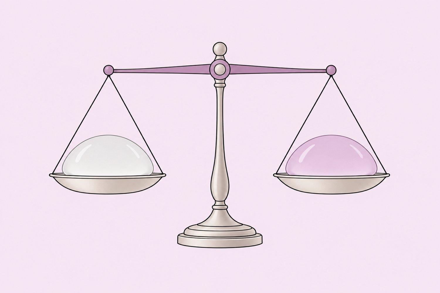 Illustration of equal-volume conventional and lightweight breast implants showing a lower mass for the lightweight implant.