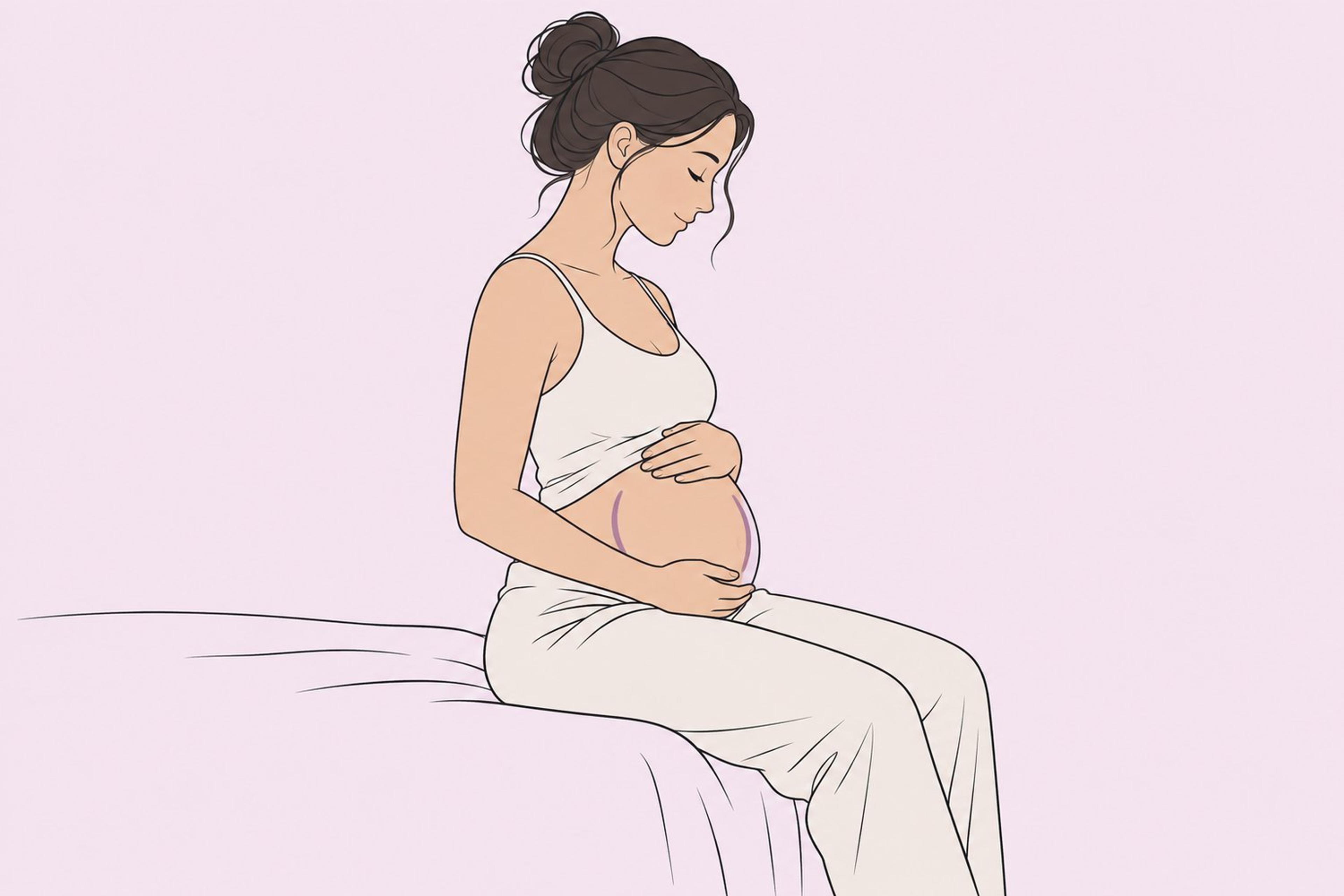 New mother gently holding her postpartum abdomen while standing beside a bed