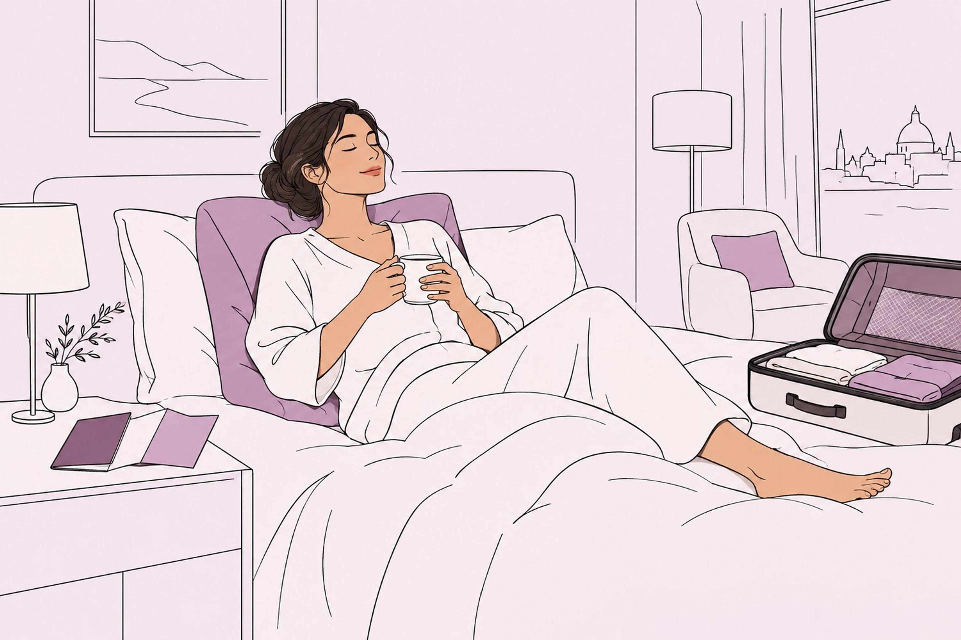 Recovering patient reviewing travel plans in a hotel room