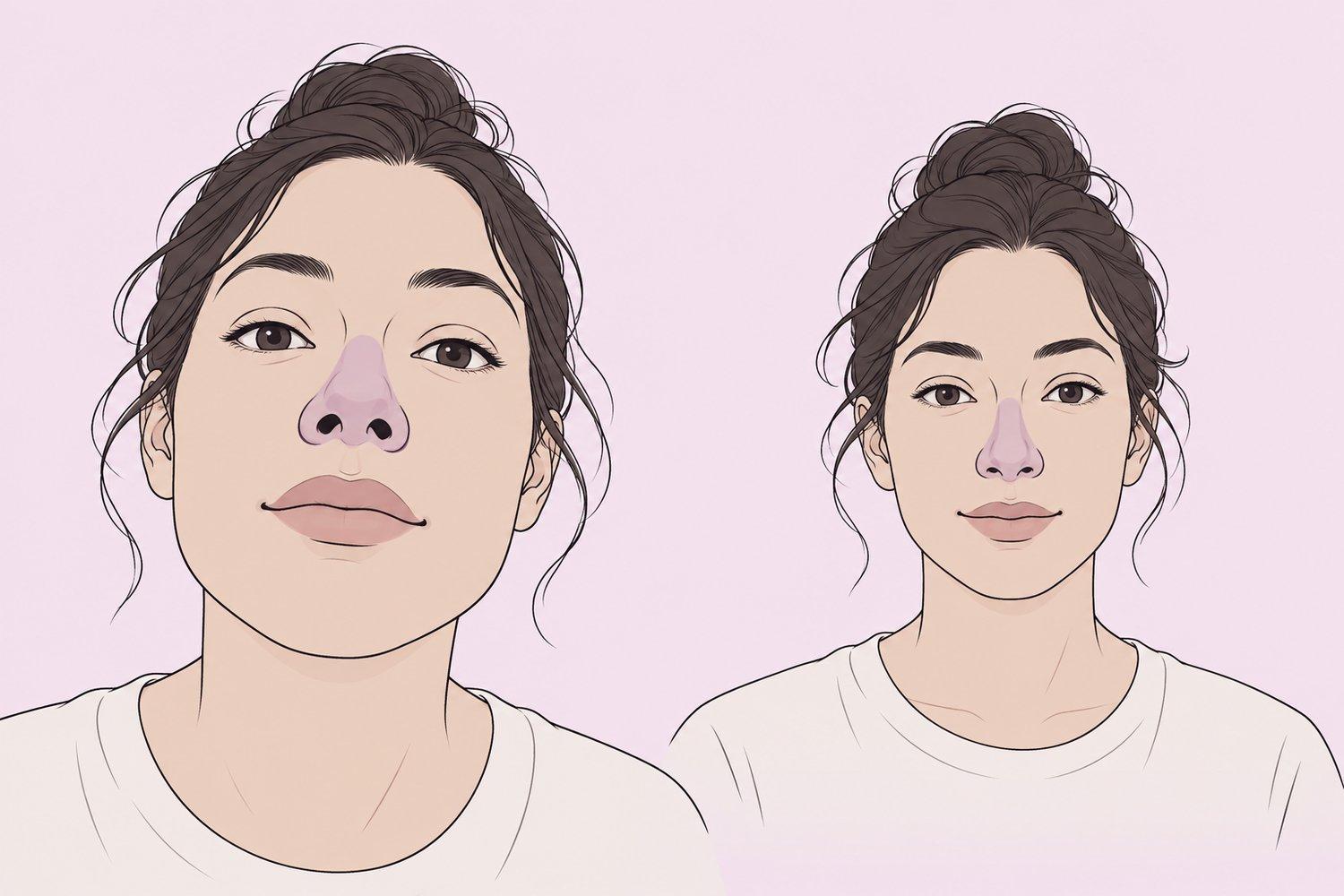 Side-by-side close selfie and farther eye-level portrait showing how camera distance affects facial proportions