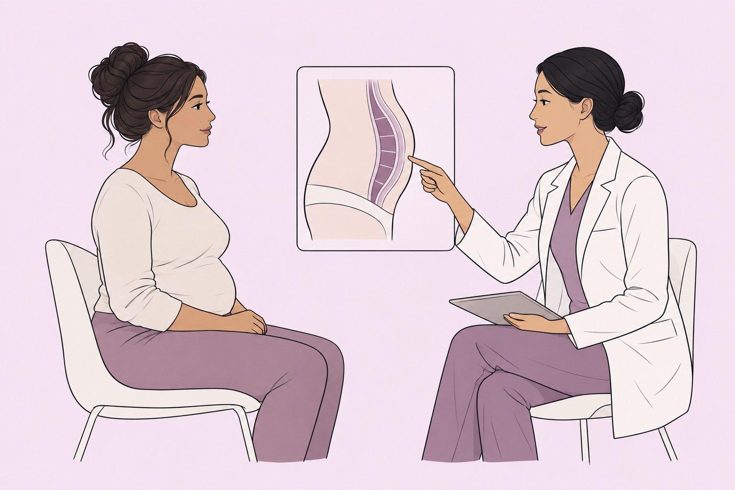 Patient and plastic surgeon discussing abdominal contouring options using an anatomical diagram