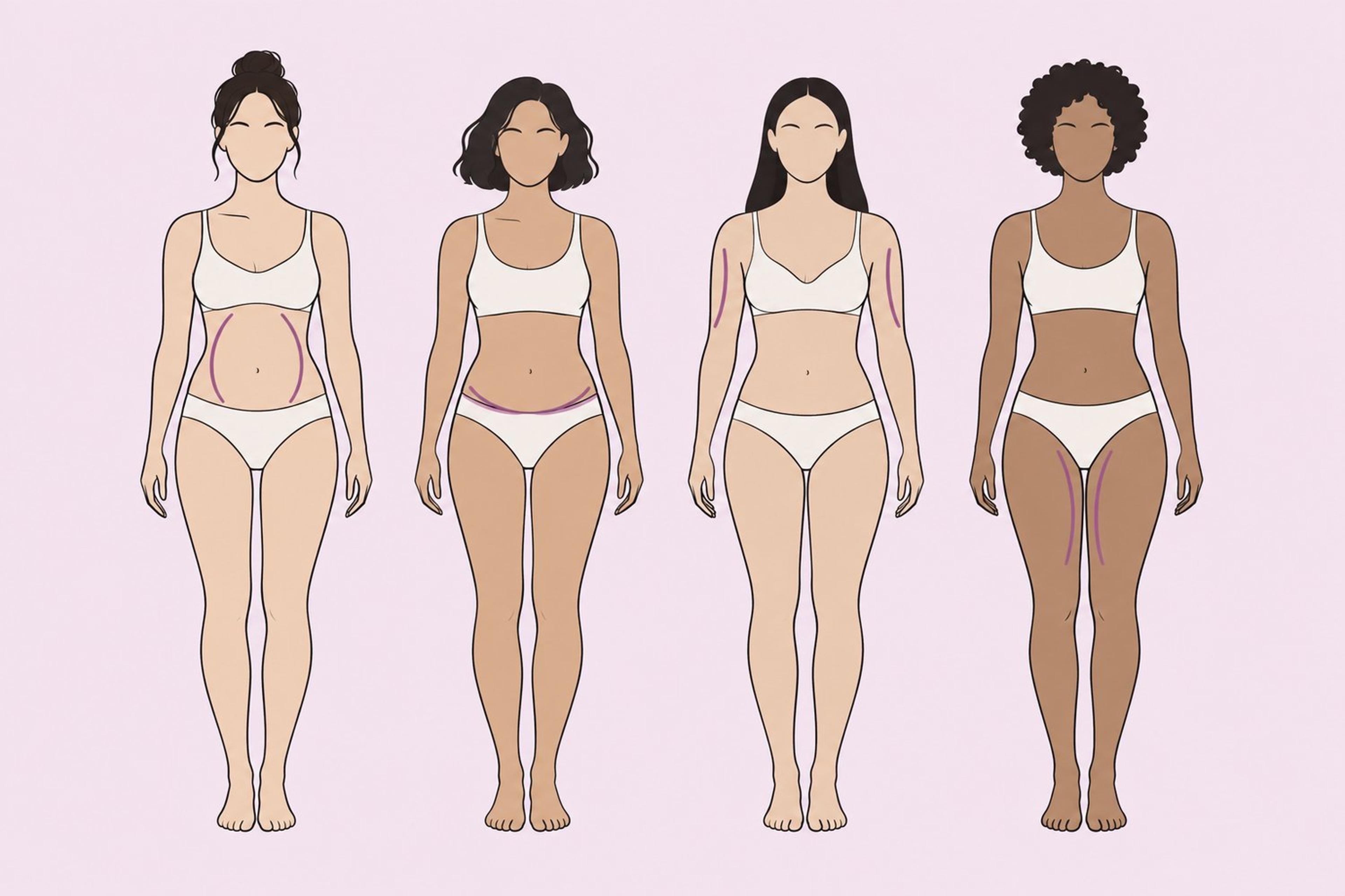 Clinical diagram showing the front and lower-body areas treated by a tummy tuck, panniculectomy or pubis lift, and lower body lift.