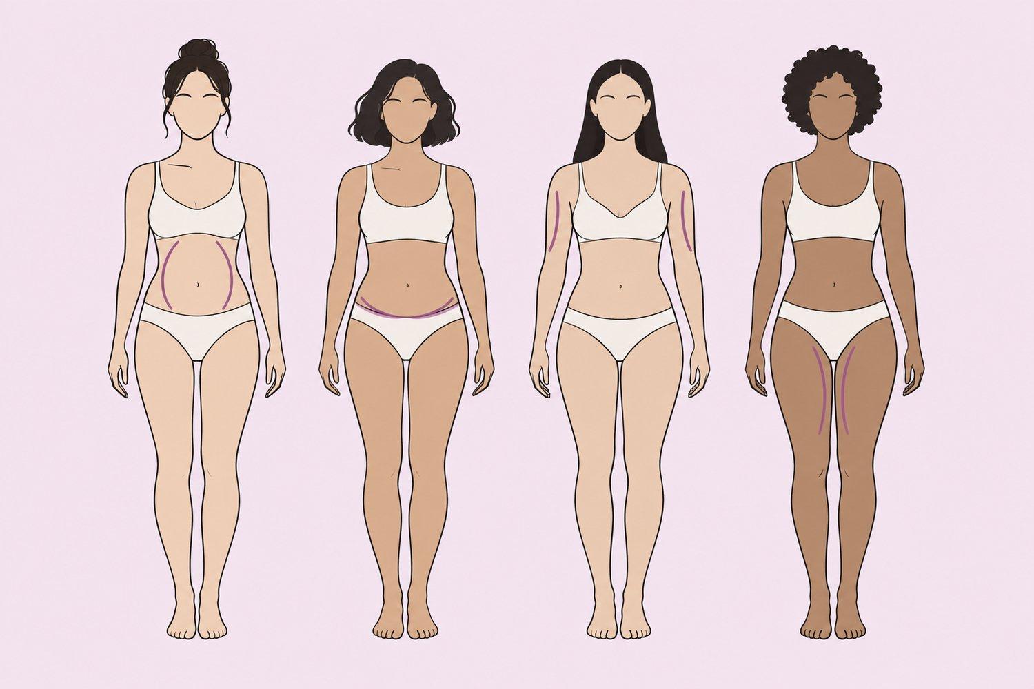 Clinical diagram showing the front and lower-body areas treated by a tummy tuck, panniculectomy or pubis lift, and lower body lift.