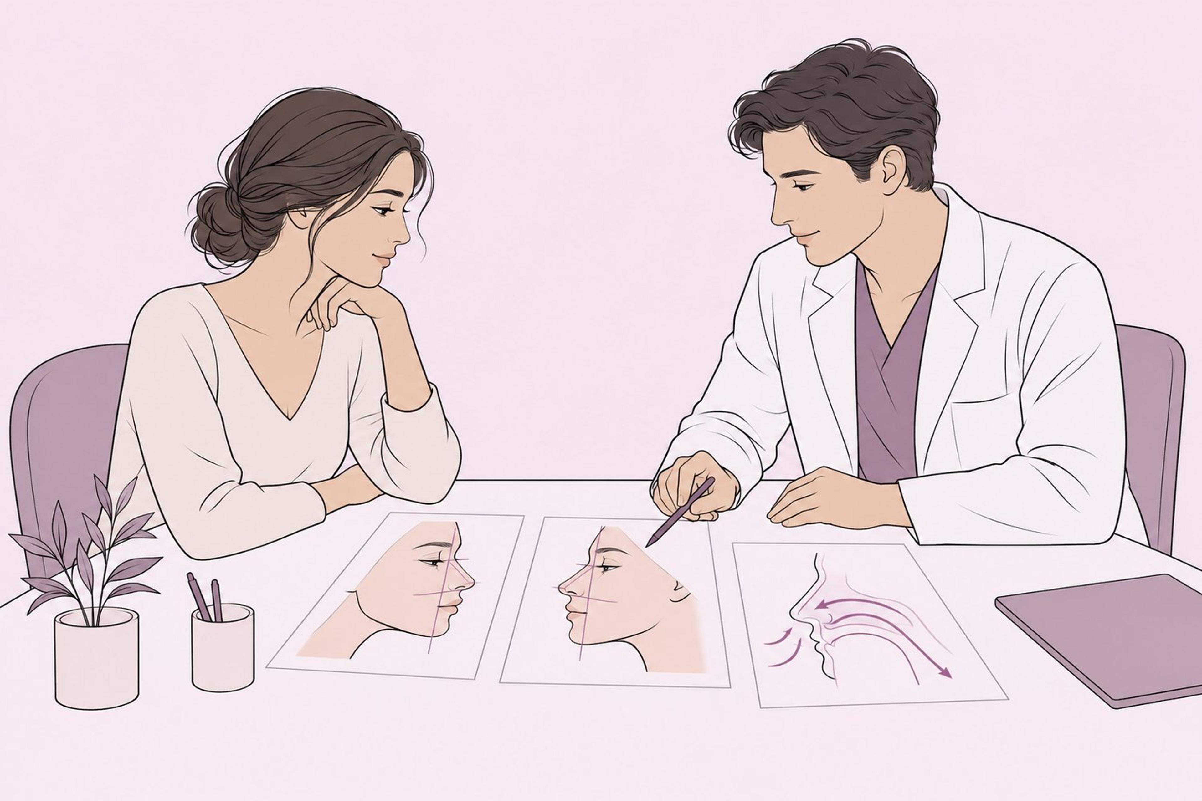 Patient and surgeon reviewing facial photographs during a rhinoplasty consultation