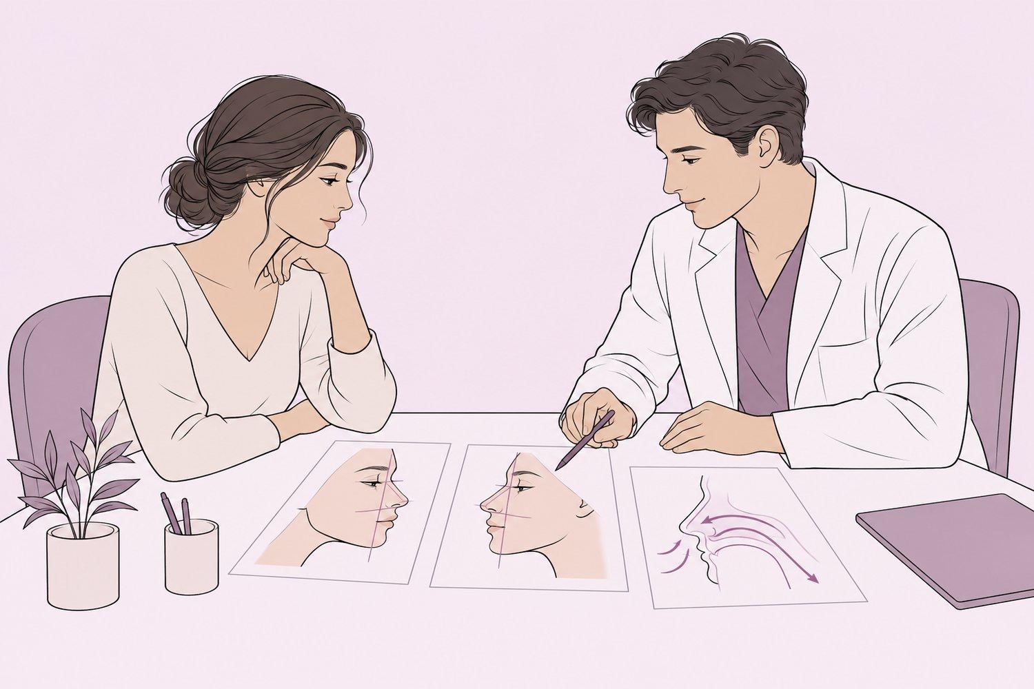 Patient and surgeon reviewing facial photographs during a rhinoplasty consultation