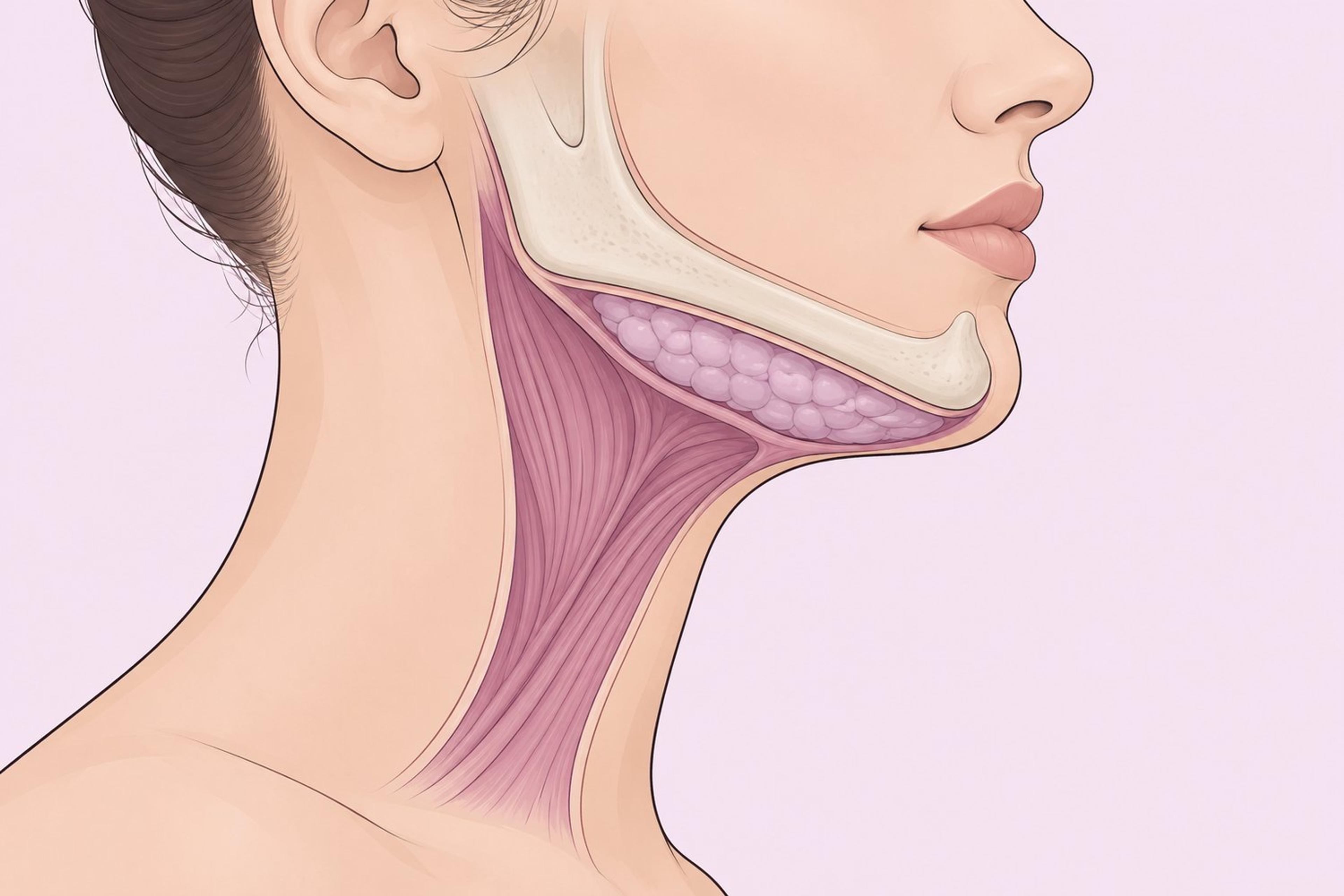 Anatomical side-profile illustration labeling submental fat, skin, platysma muscle, jawbone and chin projection.