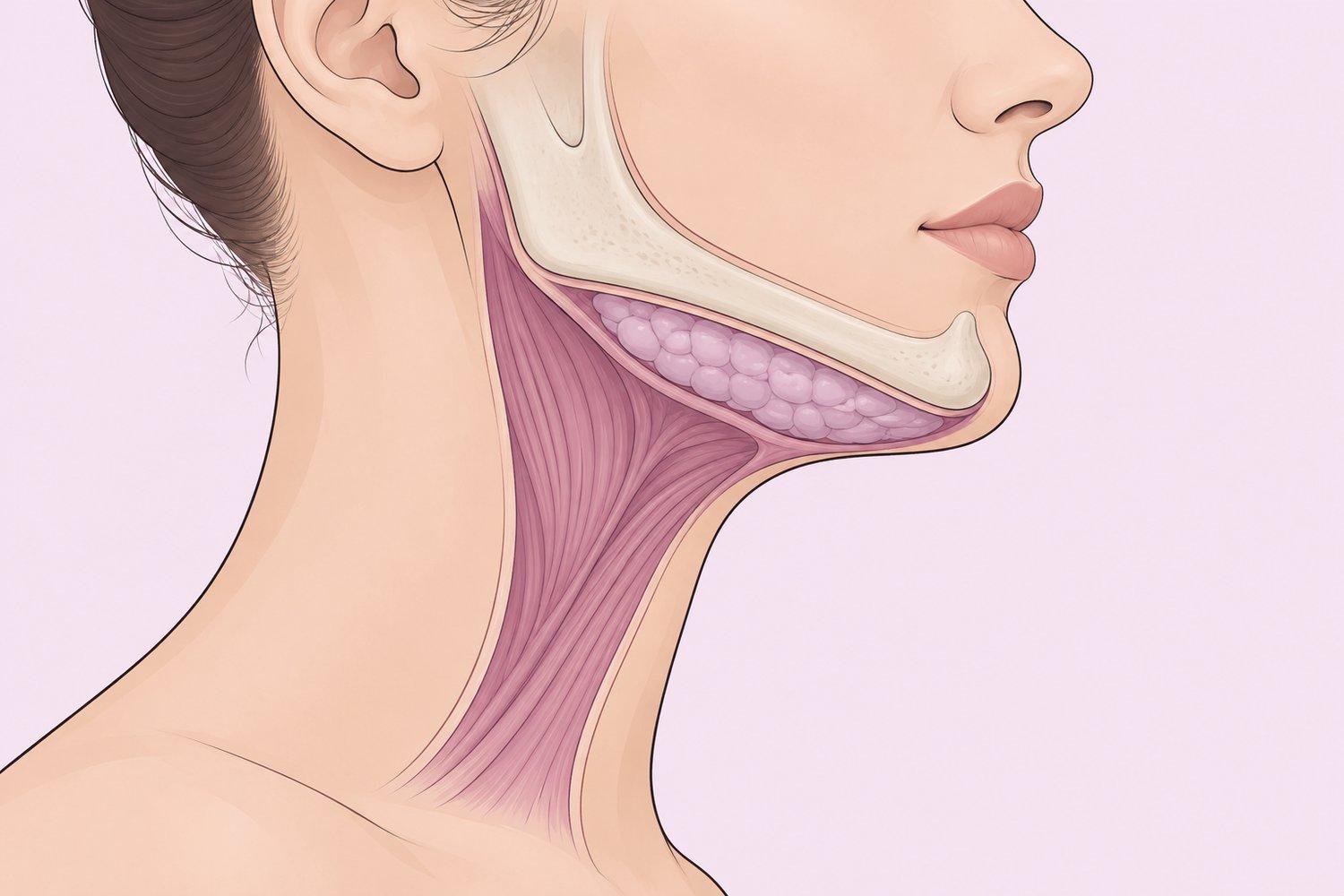 Anatomical side-profile illustration labeling submental fat, skin, platysma muscle, jawbone and chin projection.