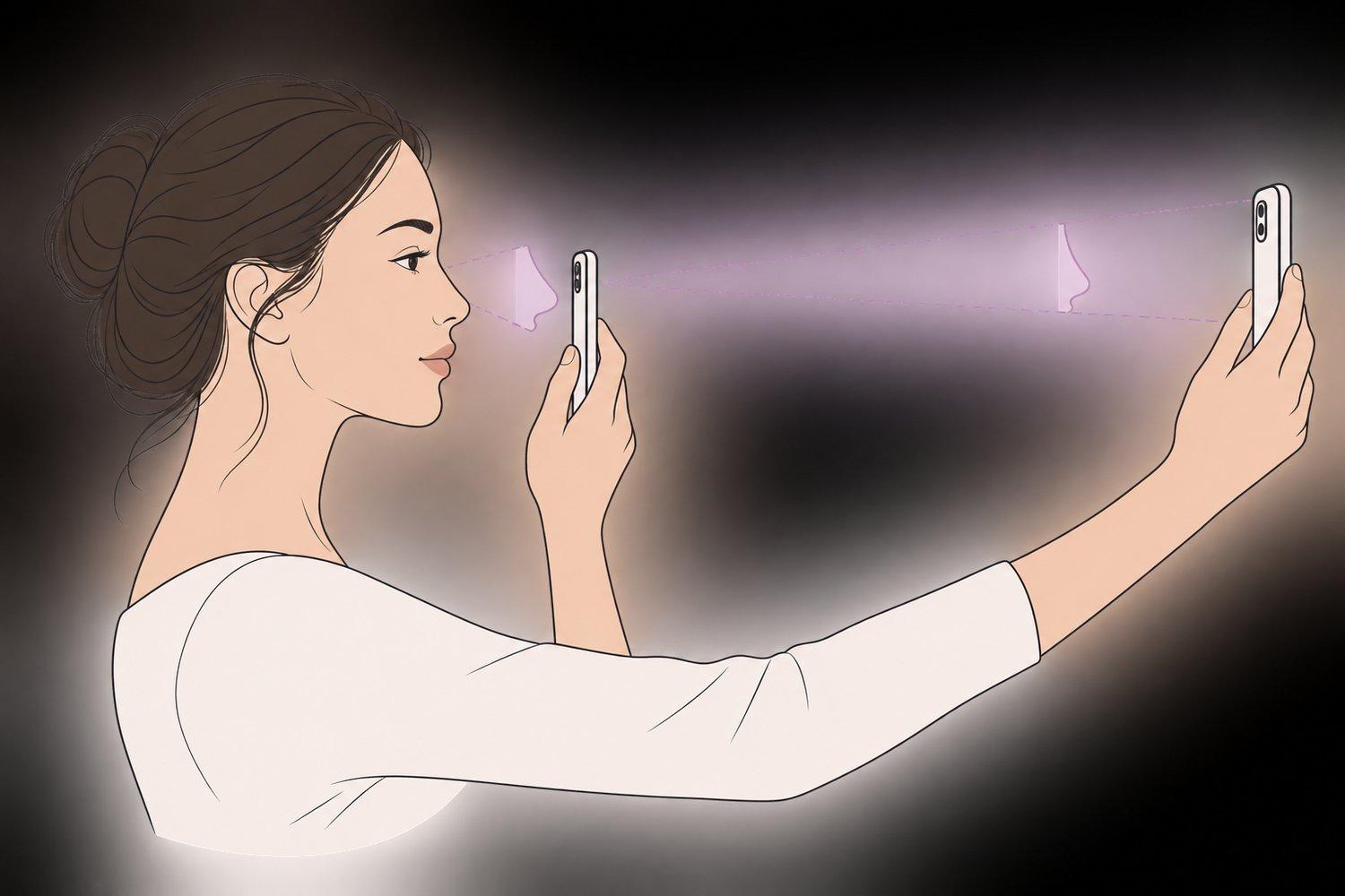 Diagram comparing close and farther phone-camera positions in front of a face