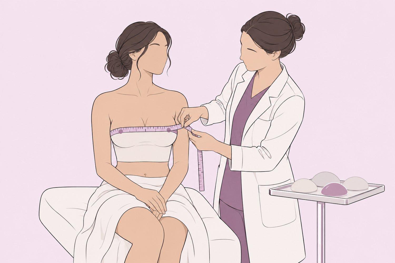 Plastic surgeon discussing breast measurements and implant dimensions with a patient