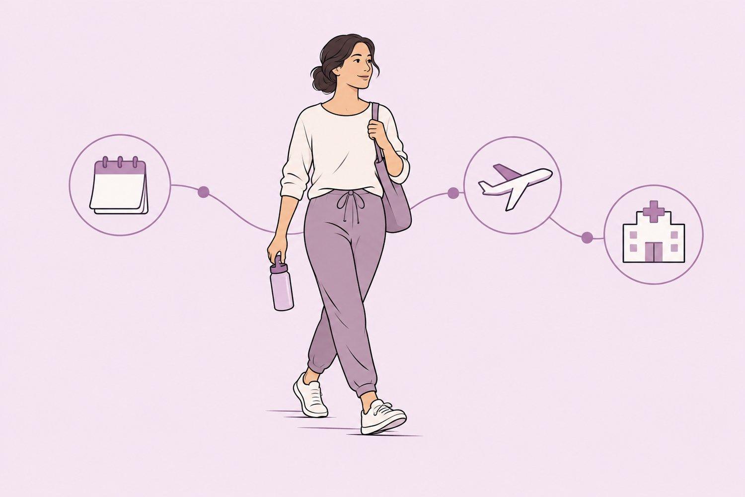 Illustration of postoperative walking, follow-up care and flight planning after body-contouring surgery.