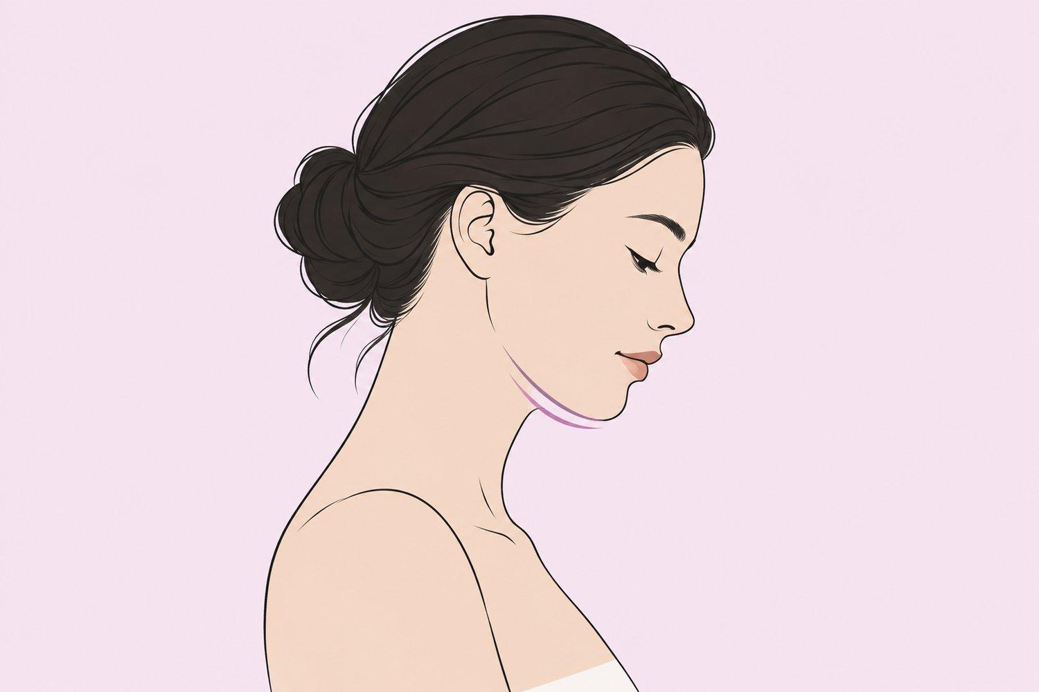 Side-profile portrait showing a mild double chin on a slim adult.