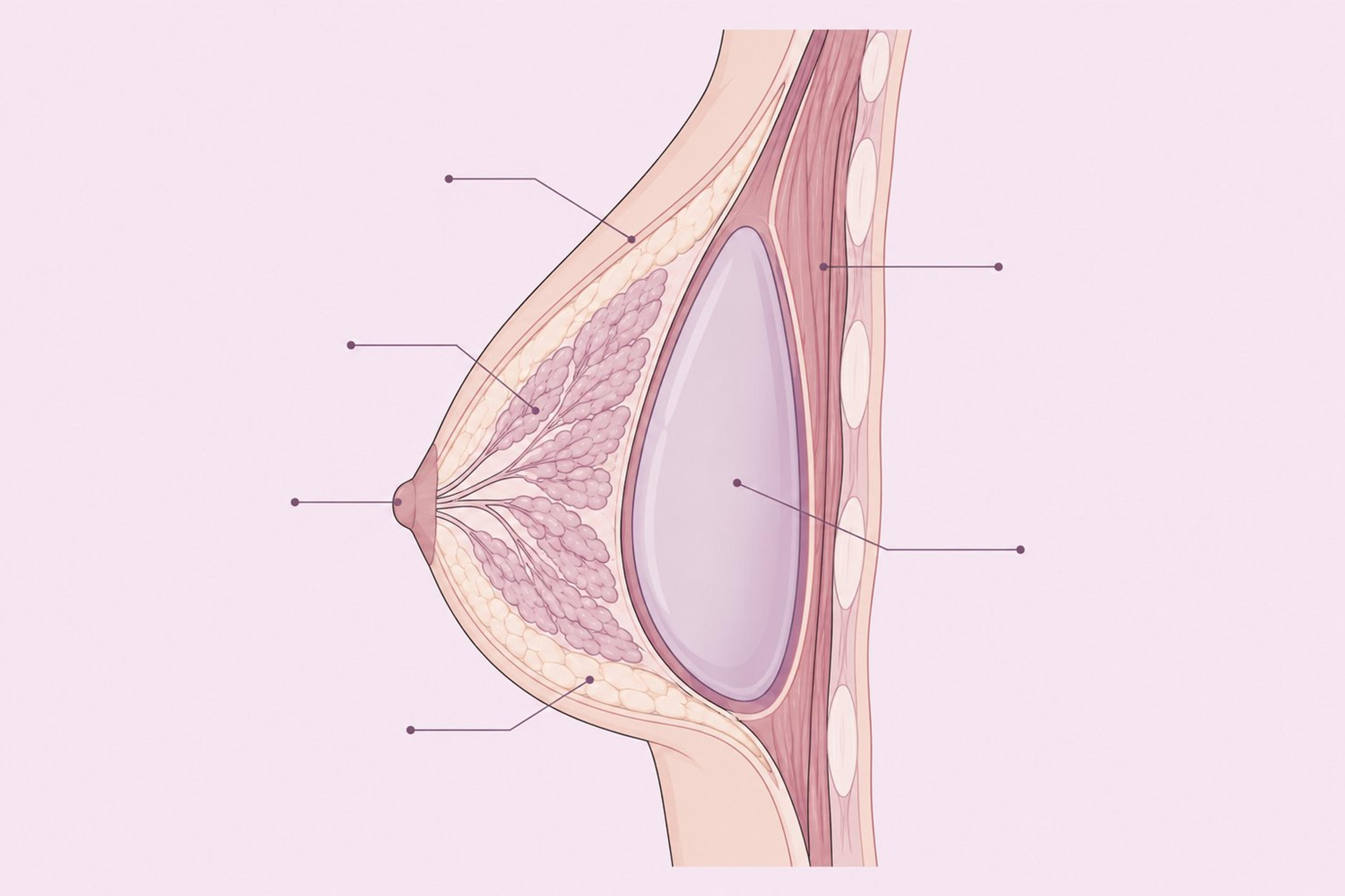 Clinical illustration showing breast tissue, chest muscle and an implant pocket