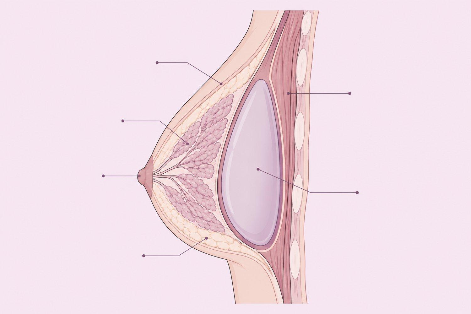 Clinical illustration showing breast tissue, chest muscle and an implant pocket