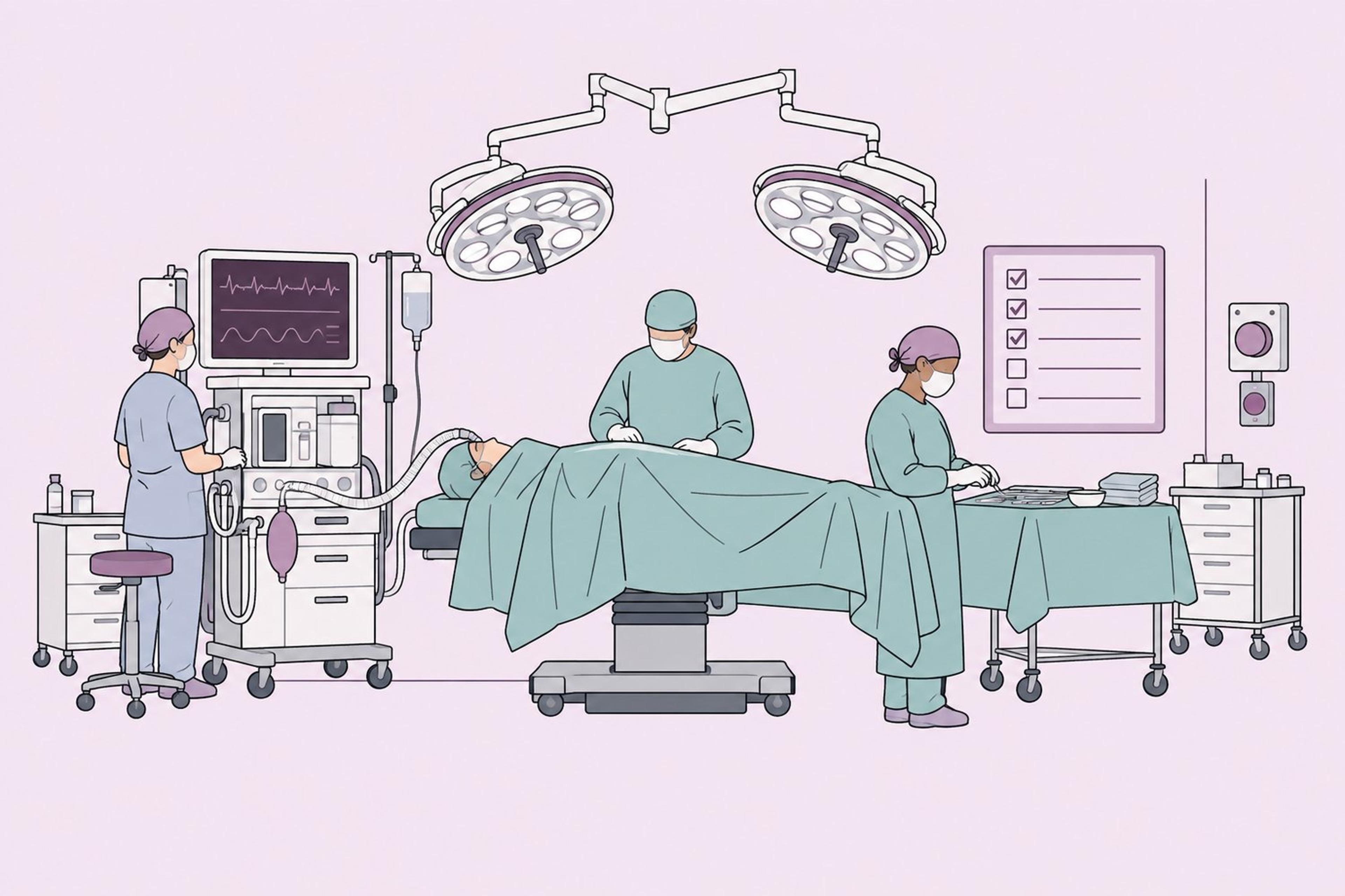 Operating theatre prepared with patient-monitoring equipment and surgical safety checklist