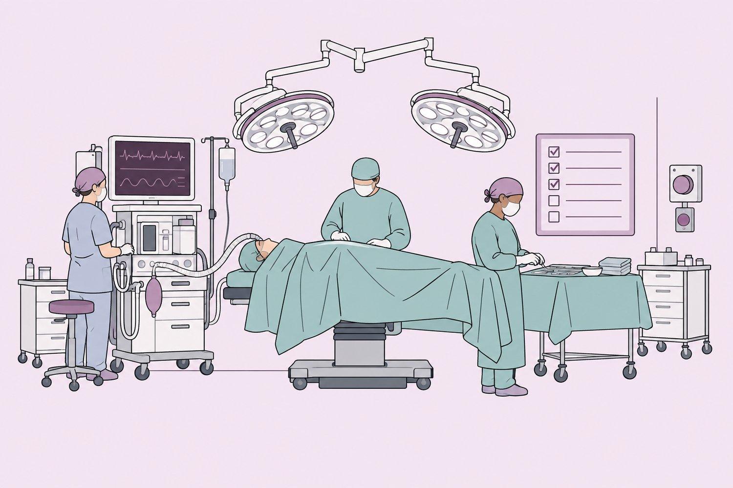 Operating theatre prepared with patient-monitoring equipment and surgical safety checklist