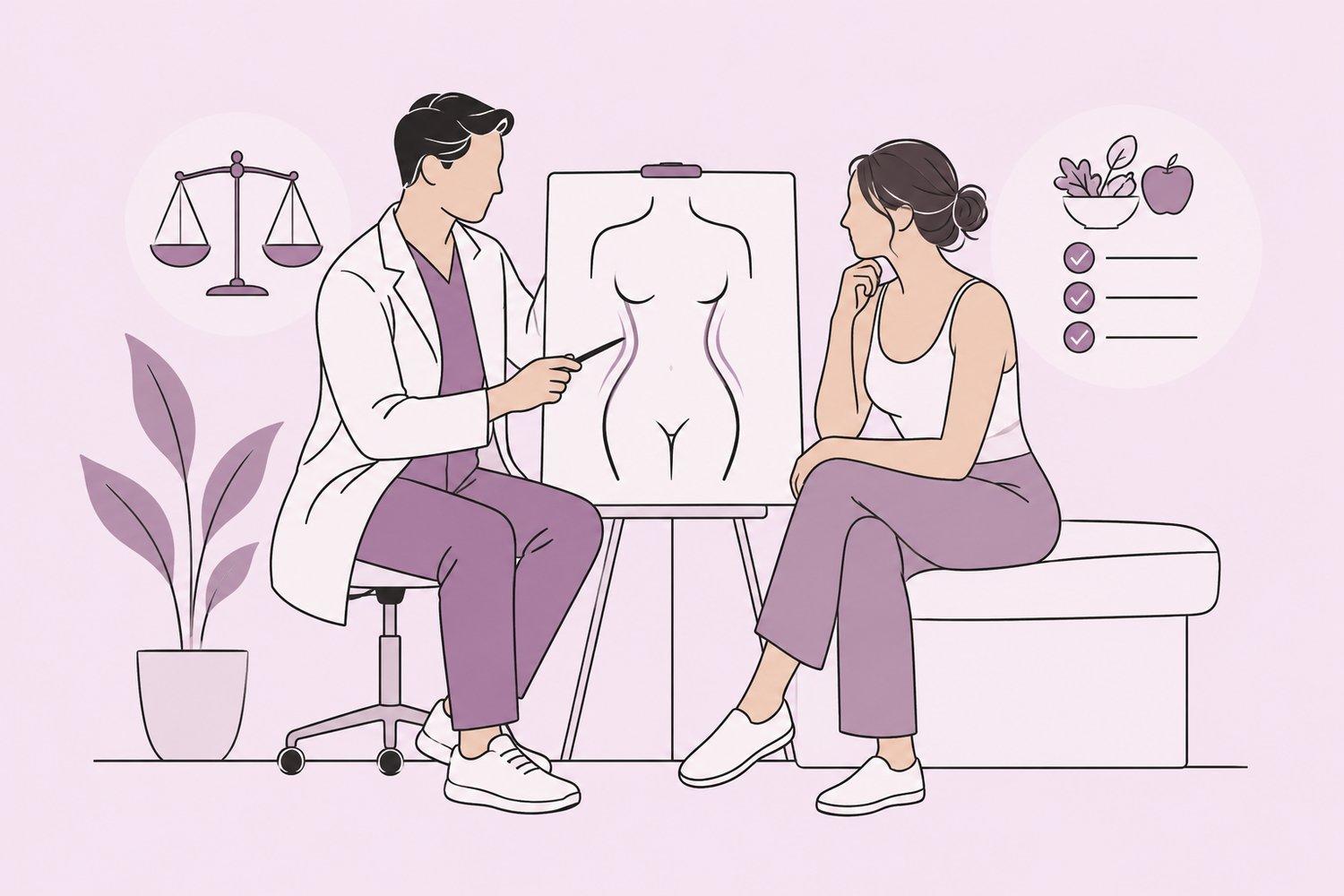 Patient discussing weight stability, nutrition and body-contouring options with a plastic surgeon.
