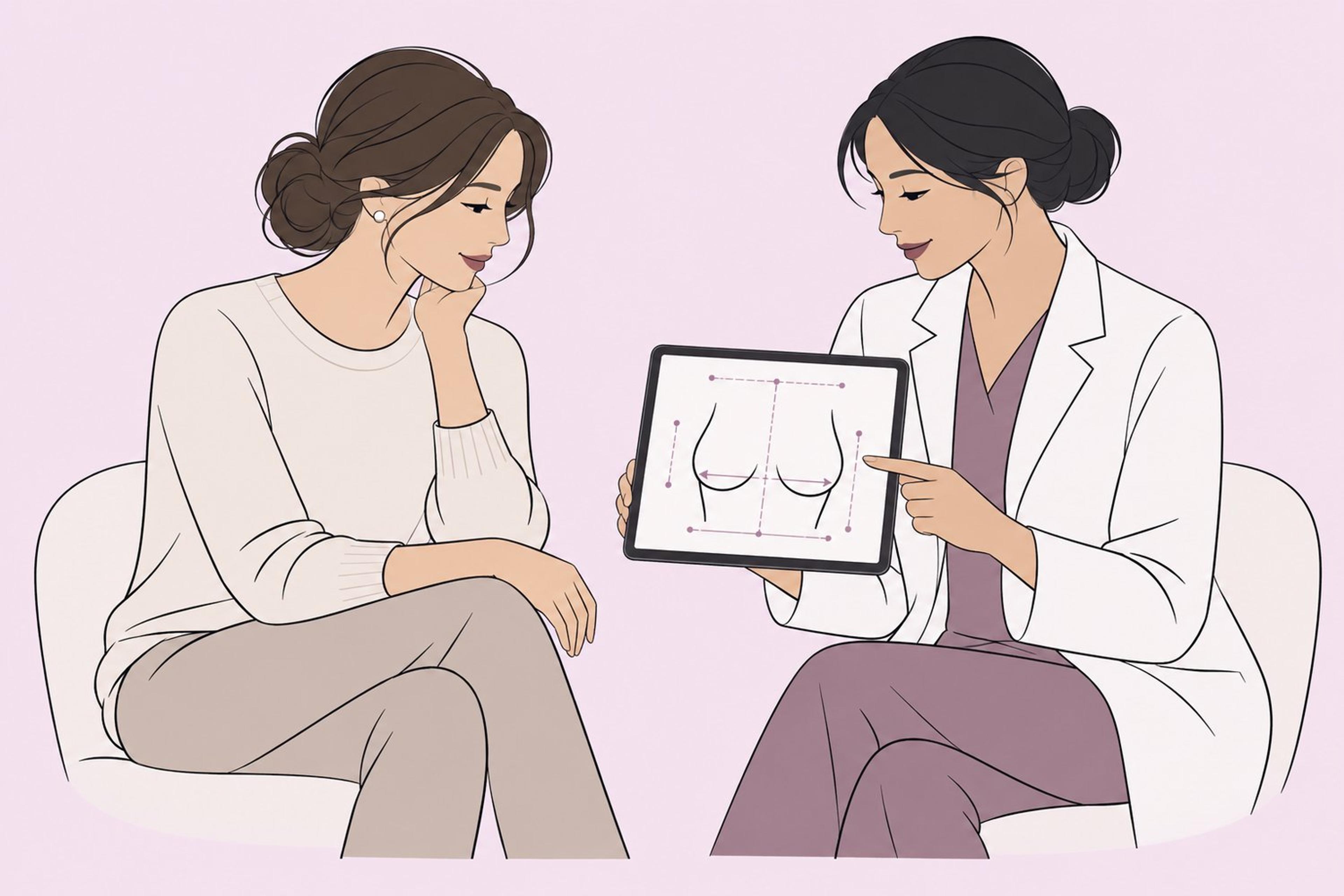 Patient and clinician discussing breast augmentation options with a proportion diagram