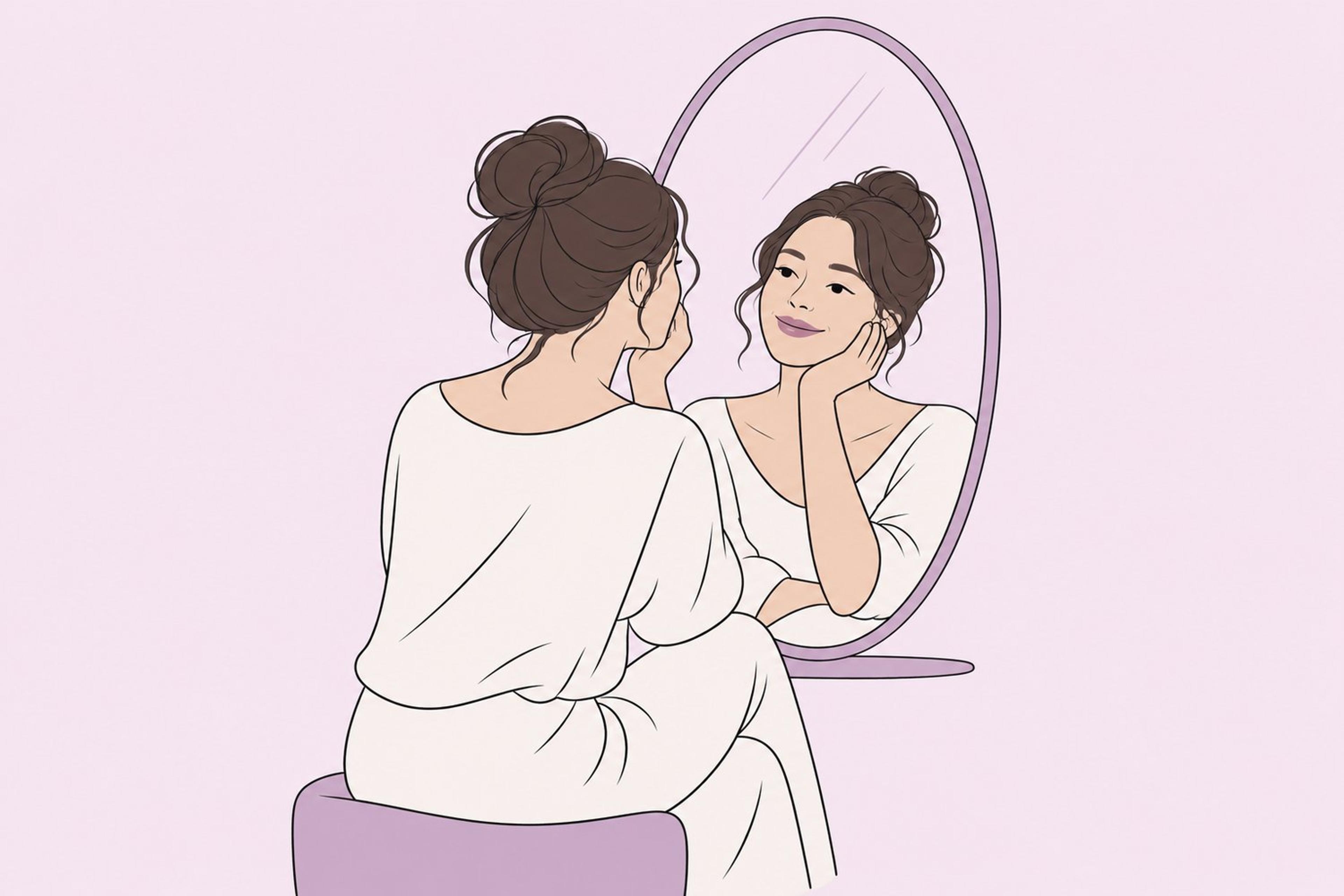 Person looking calmly at their reflection in a mirror