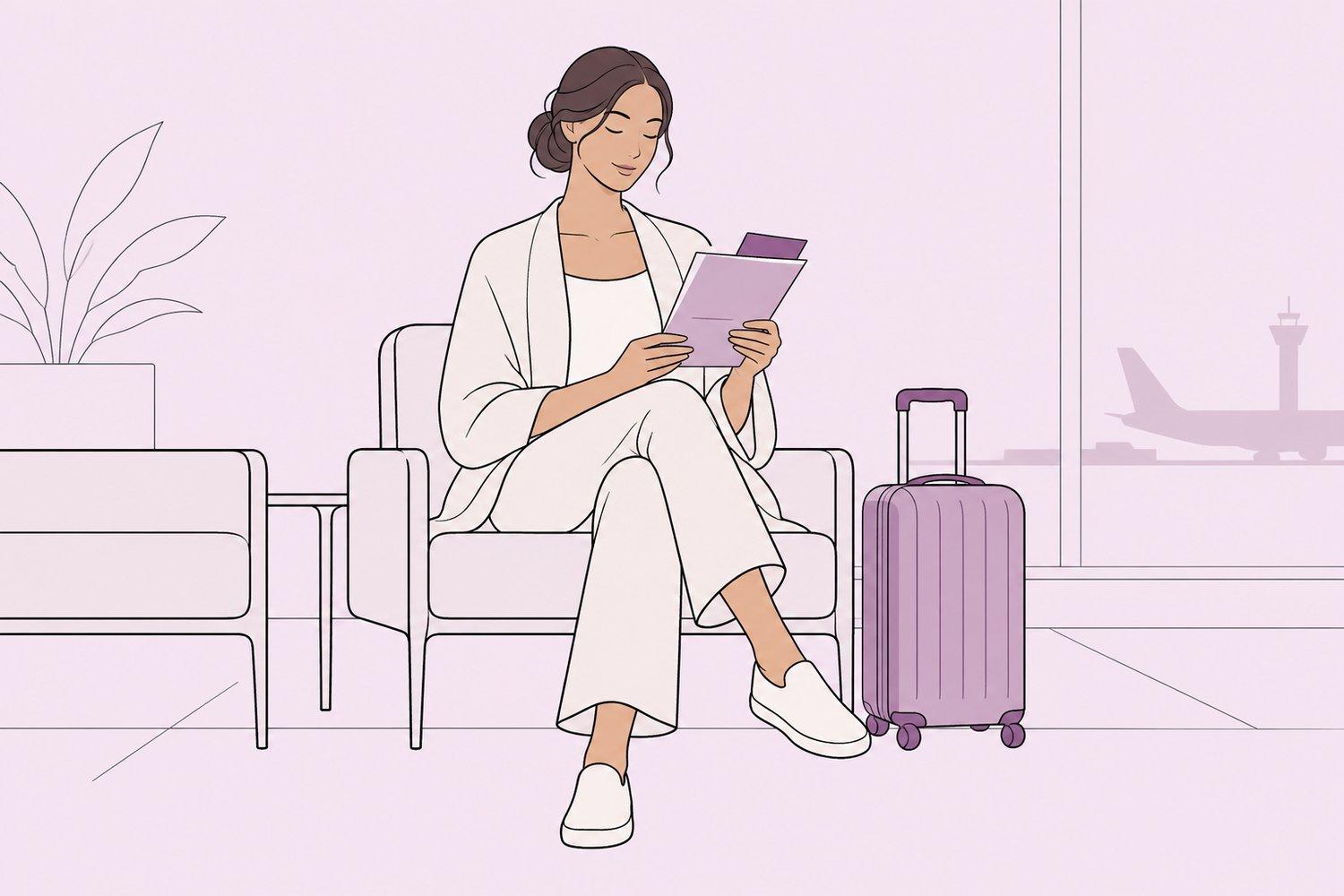 Traveller reviewing postoperative follow-up and flight plan after rhinoplasty