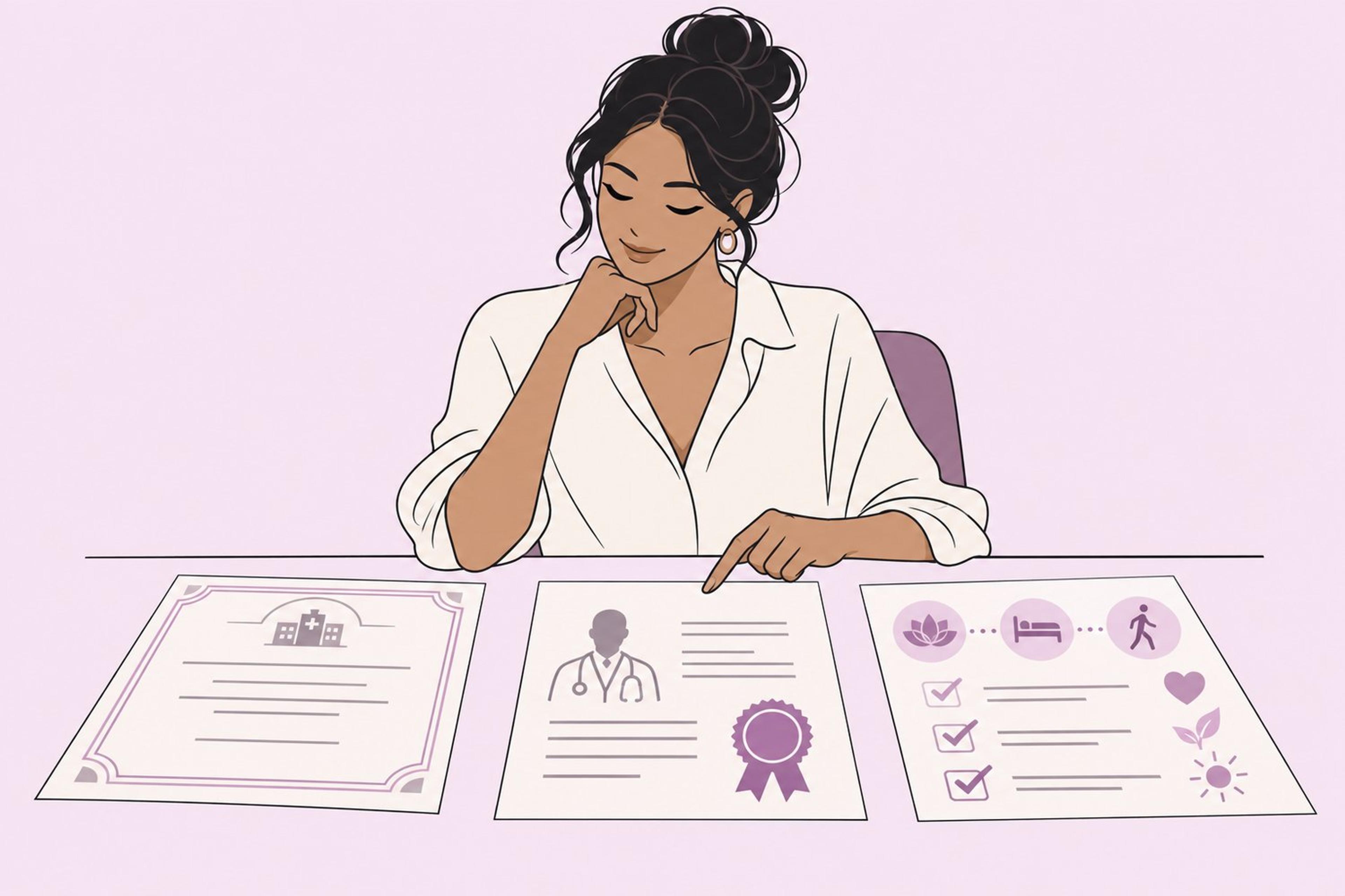 Patient reviewing hospital accreditation, surgeon credentials and written surgical documents