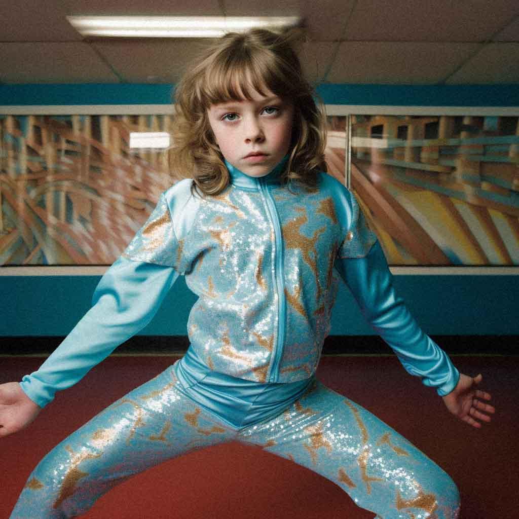 A young girl in a blue and gold sequined unitard, posing in a dance studio with a mirrored wall behind her.