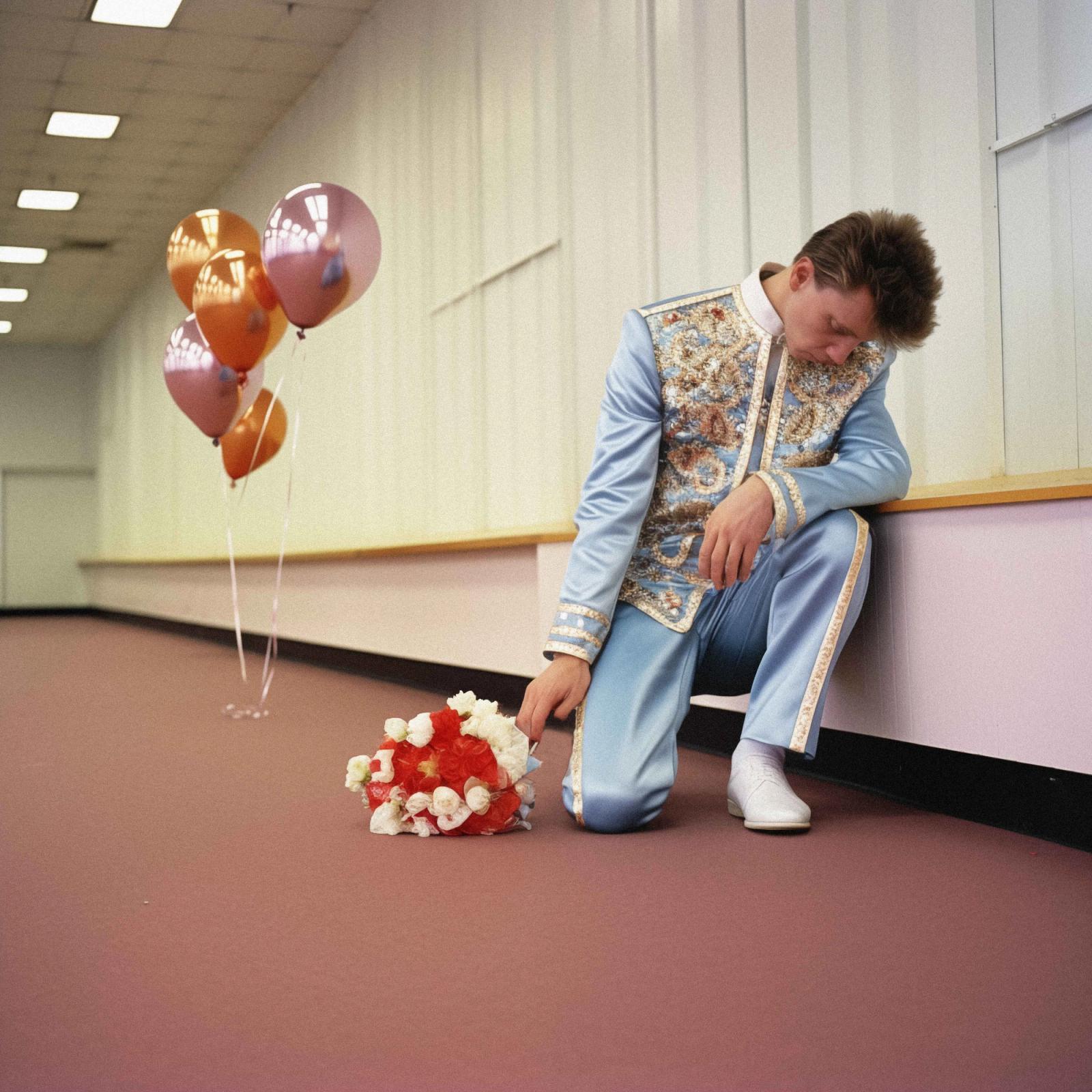 A young man sits on the floor surrounded by balloons and flowers looking sad.