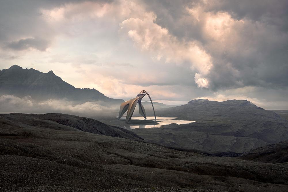 A futuristic sculpture featuring a large arachnid-like structure with glowing blue cylinders amidst rocky mountains.