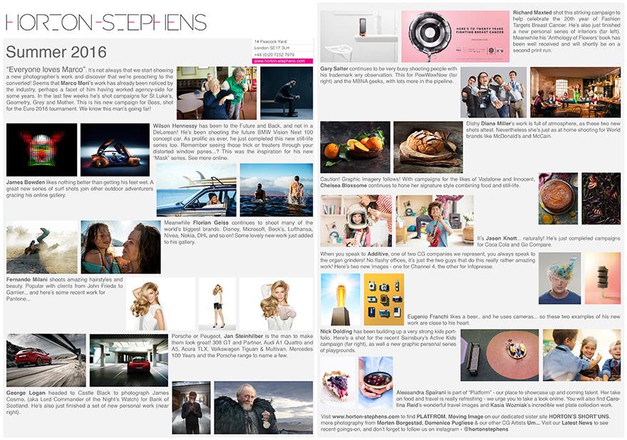 A page from the summer 2016 newsletter issue with various images including people in different outfits and food items.