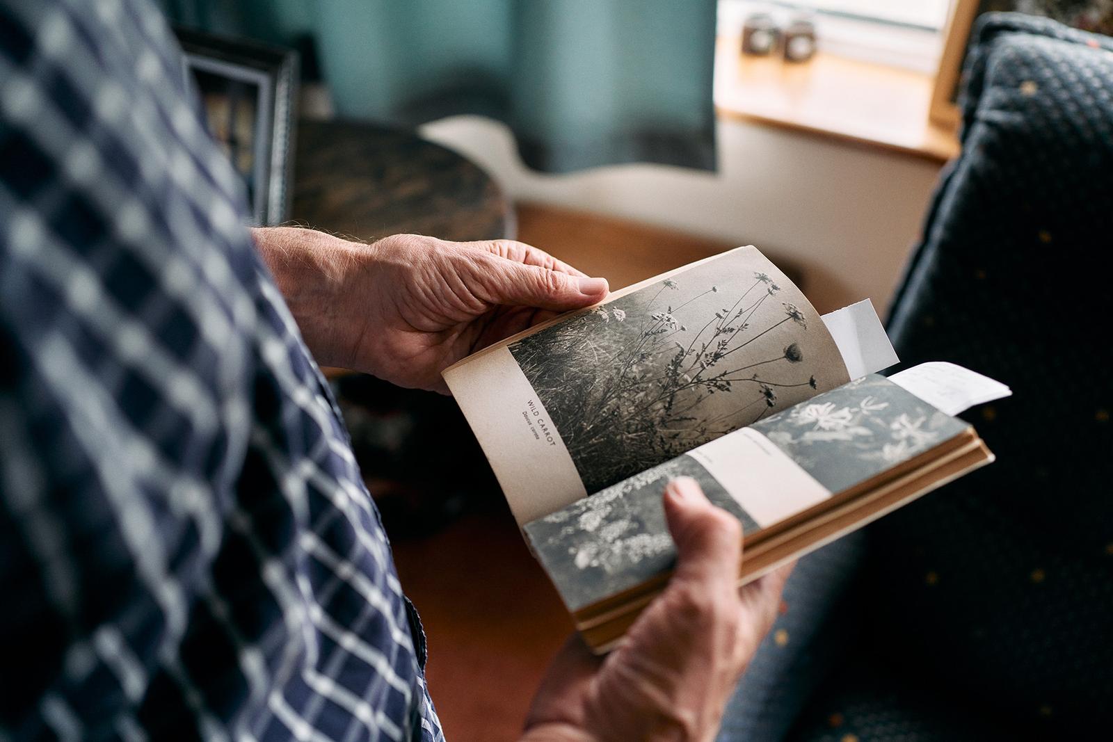 A person is holding an open book, with the pages showing a portfolio of artwork by Kerry Harrison.