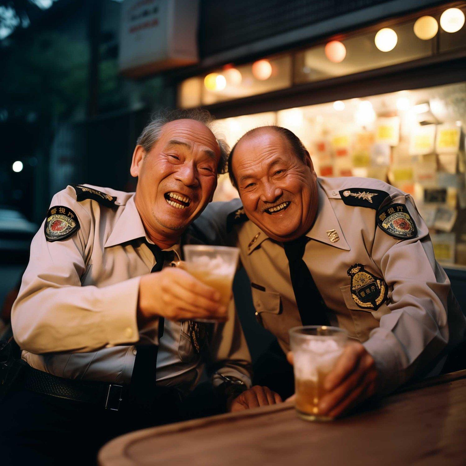 Two elderly men in police uniforms, laughing and holding drinks, sitting at a table in a dimly lit, possibly outdoor, setting.