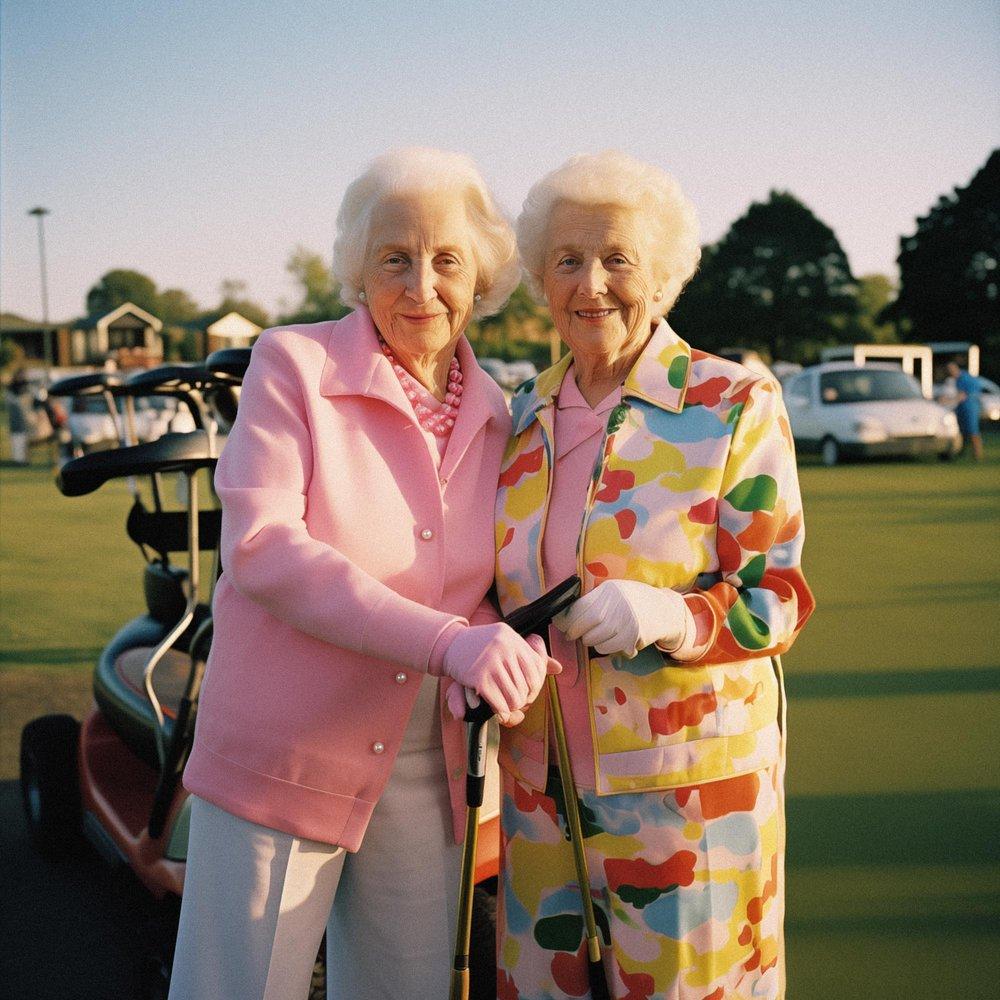 Two elderly women, likely golfers, standing on a golf course, wearing golfing attire, including golfing hats, golfing jackets, and golfing pants.